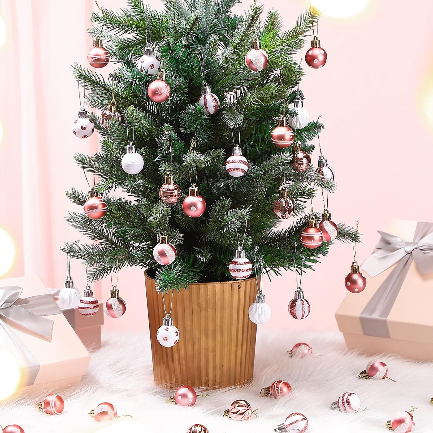 Liliful 120 Pcs Mini Christmas Ball Ornaments Shatterproof Xmas,Rose Gold | 1.18 Inch Small Baubles with Rope, Assorted Stripe Dot Patterns, Shatterproof Plastic for Tree Party Xmas Home Decoration