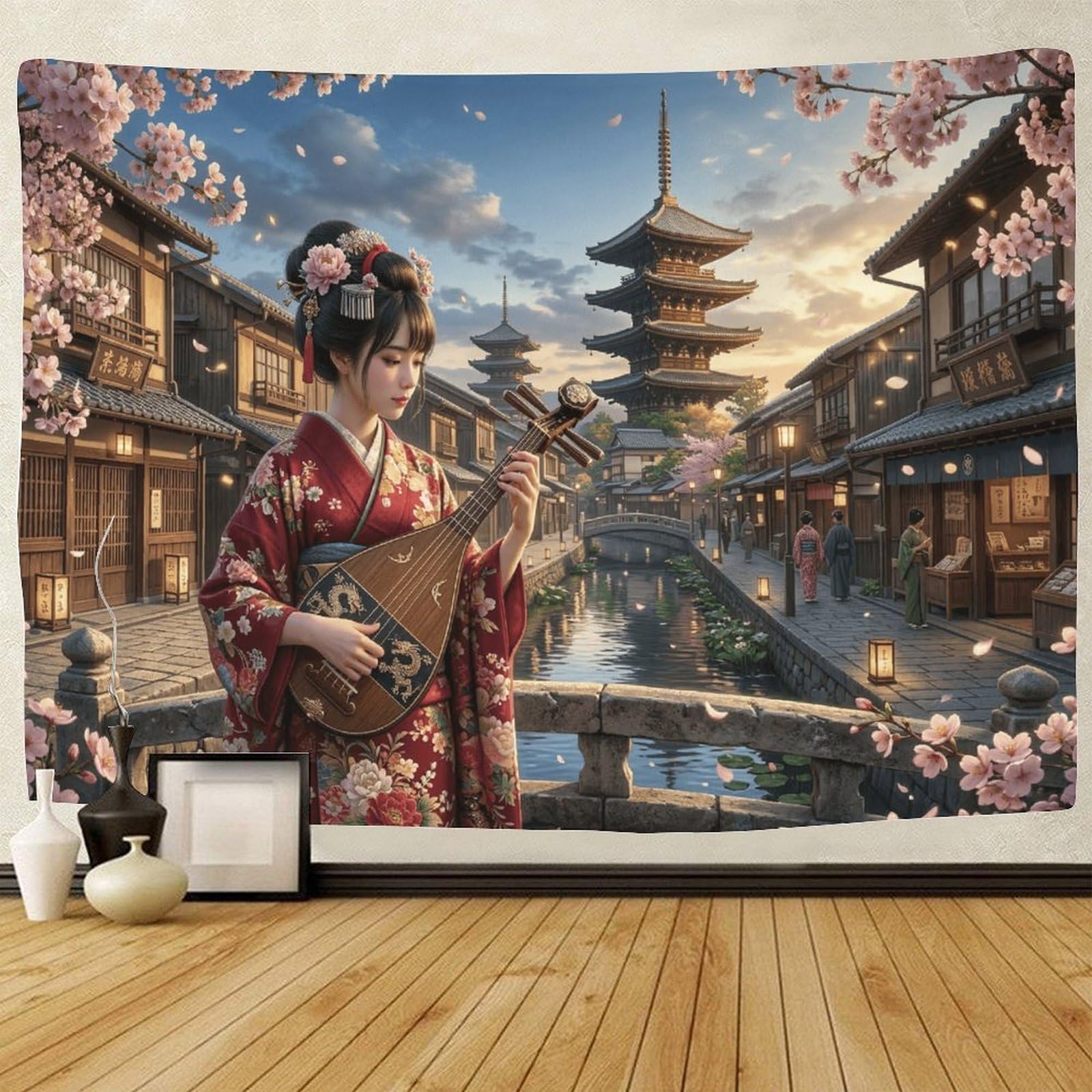 GPMNBCXZK Japanese Geisha 3D Printed Wall Hanging Traditional Pagoda Art Decoration for Home Bedroom Dorm Living Room 130cmx150cm