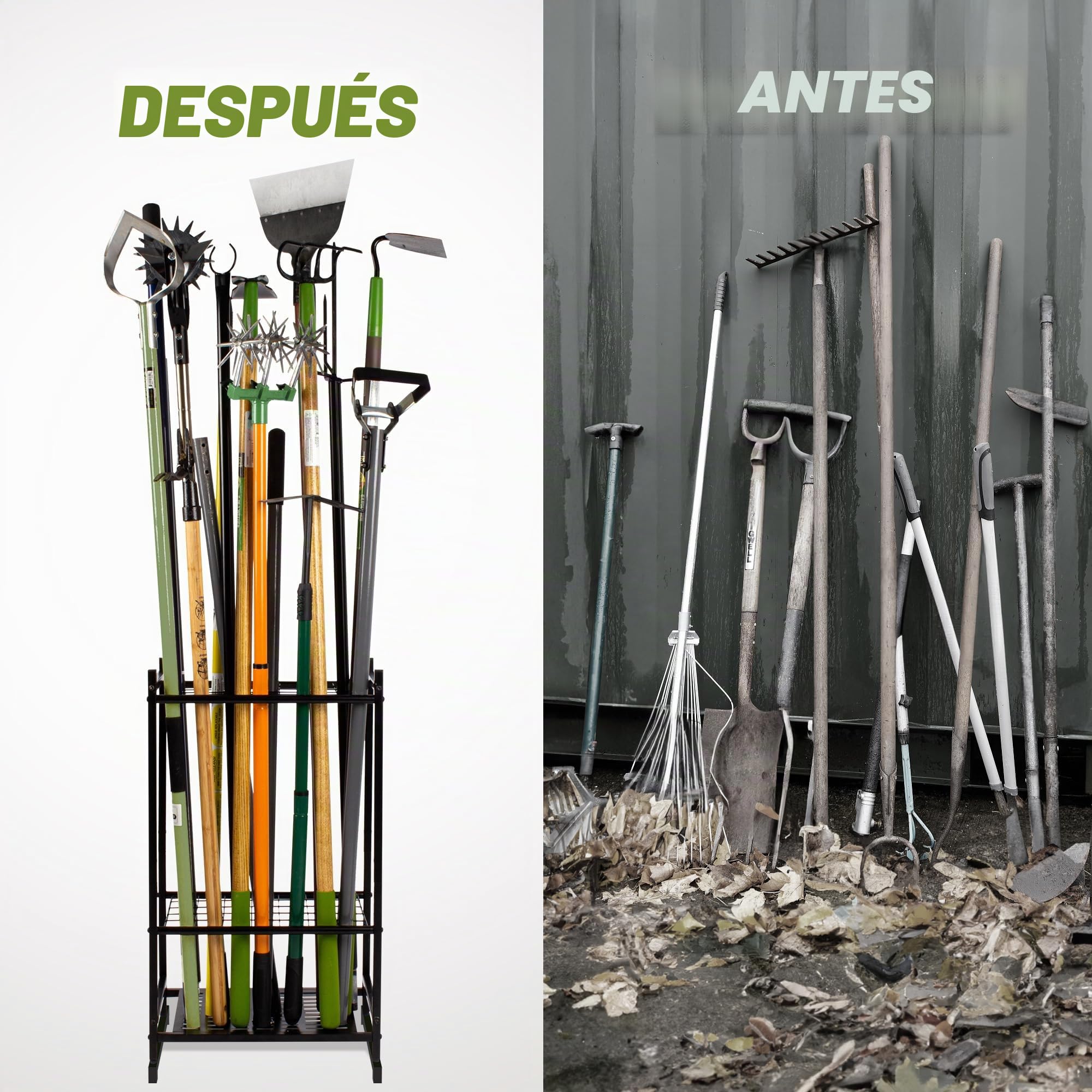 Organizador de herramientas de jardín, estante de torre de herramientas de patio para organización y almacenamiento de garaje, hasta 35 herramientas/rastrillos/escobas, soporte de acero resistente