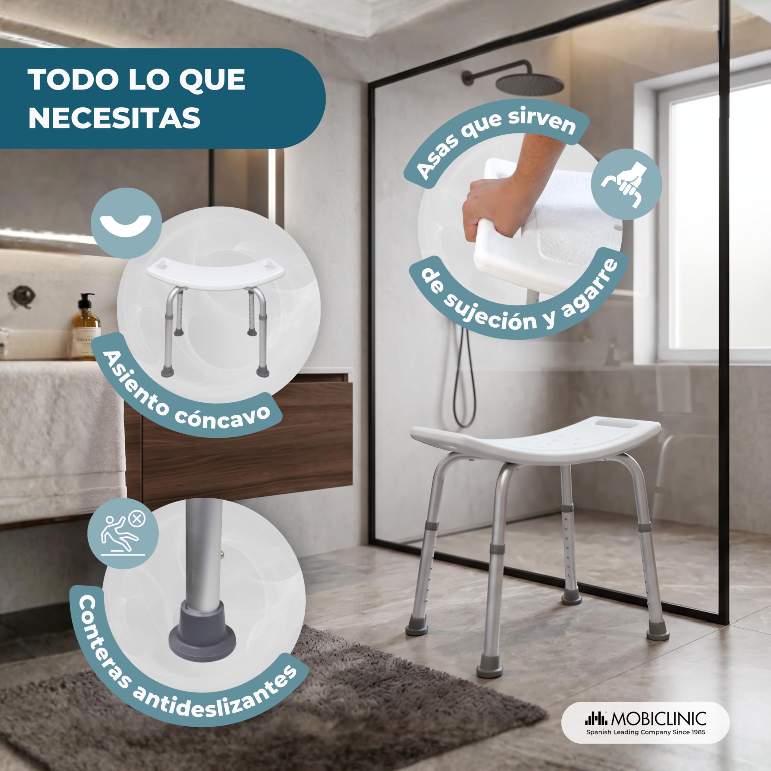 Mobiclinic®, Taburete de Baño, Conteras Antideslizantes, Regulable en 7 Alturas, Asiento en U, Agujeros Drenaje, hasta 100 Kg, Ligero, Fácil Montaje, Aluminio, San Fermín