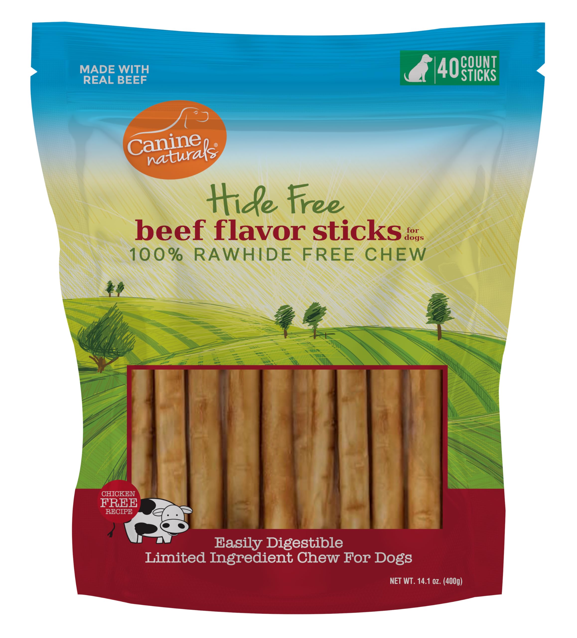 Beef Chew - Rawhide Free Dog Treats - Made with Real Beef - Poultry Free Recipe - All-Natural and Easily Digestible - 40 Pack of 5 Inch Stick Chews