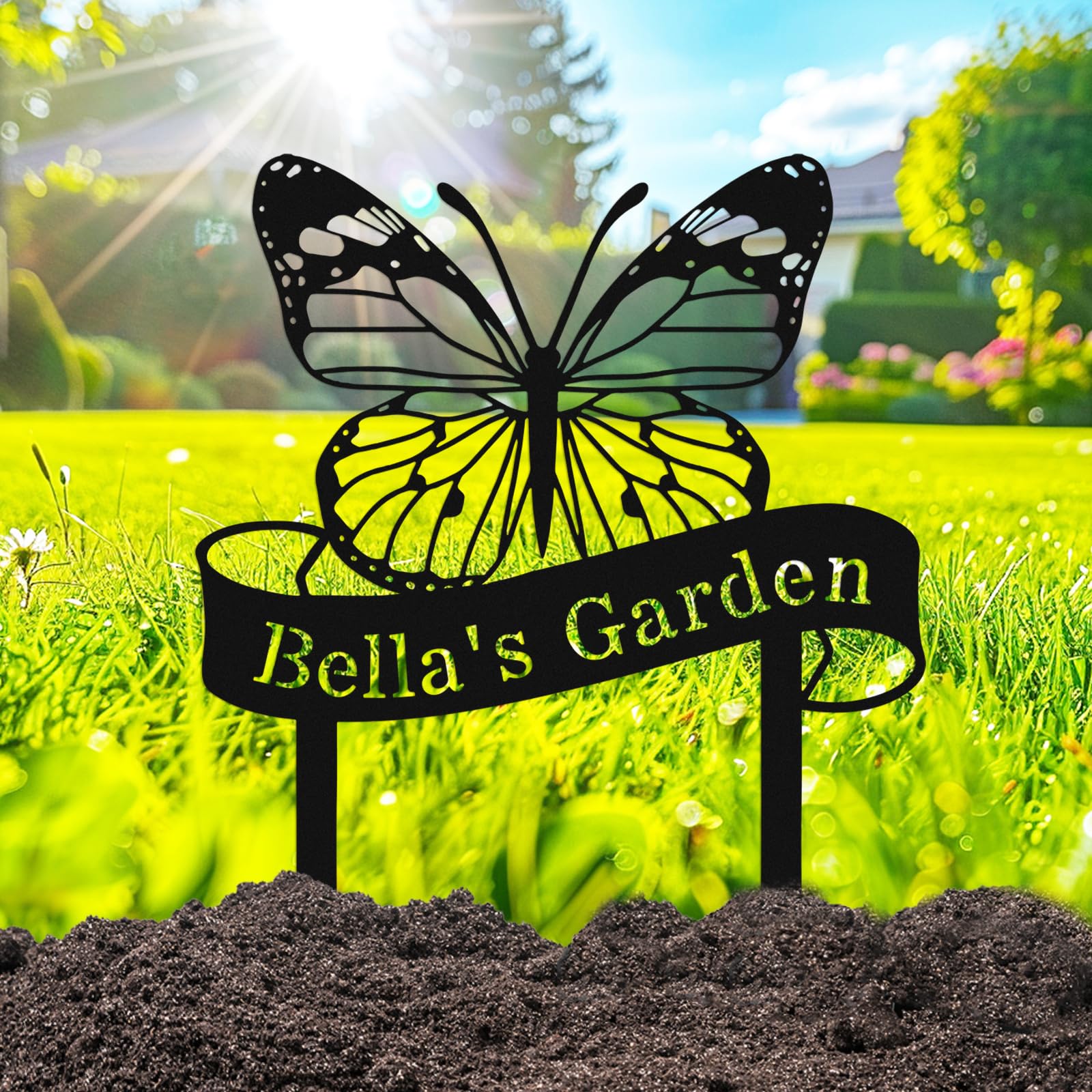 Custom Butterfly Metal Garden Stake Yard Sign, Personalized Butterfly Gardener Name Sign with Stake, Customized Butterflies Outdoor Lawn Art Decor Sign Garden Plaque