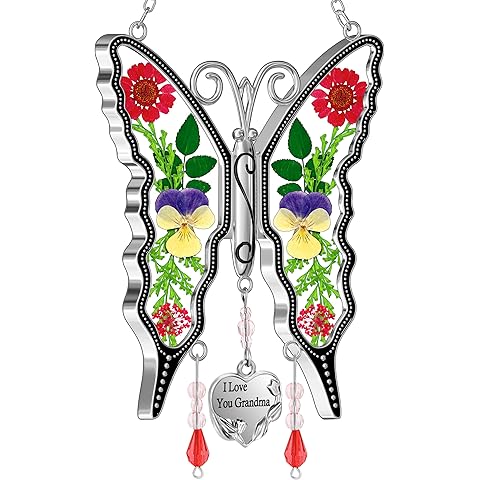 KY&BOSAM Gifts for Women I Love You Grandma Butterfly Suncatcher Stained Glass Suncatchers for Window Hanging Home Decor Garden Wind Chimes Birthday Gifts for Women Mothers Day Valentine's