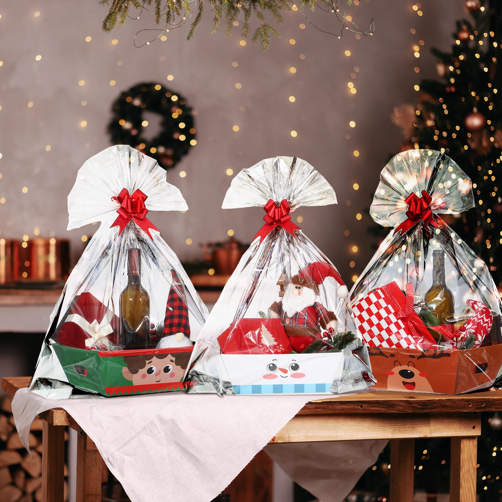 Cholemy Paquete de 12 cestas vacías de regalo de Navidad de 12 x 10 x 4 pulgadas, incluye 12 cestas de regalo de cartón con asas, 12 bolsas envolventes, 12 lazos para Navidad, bodas, aniversarios