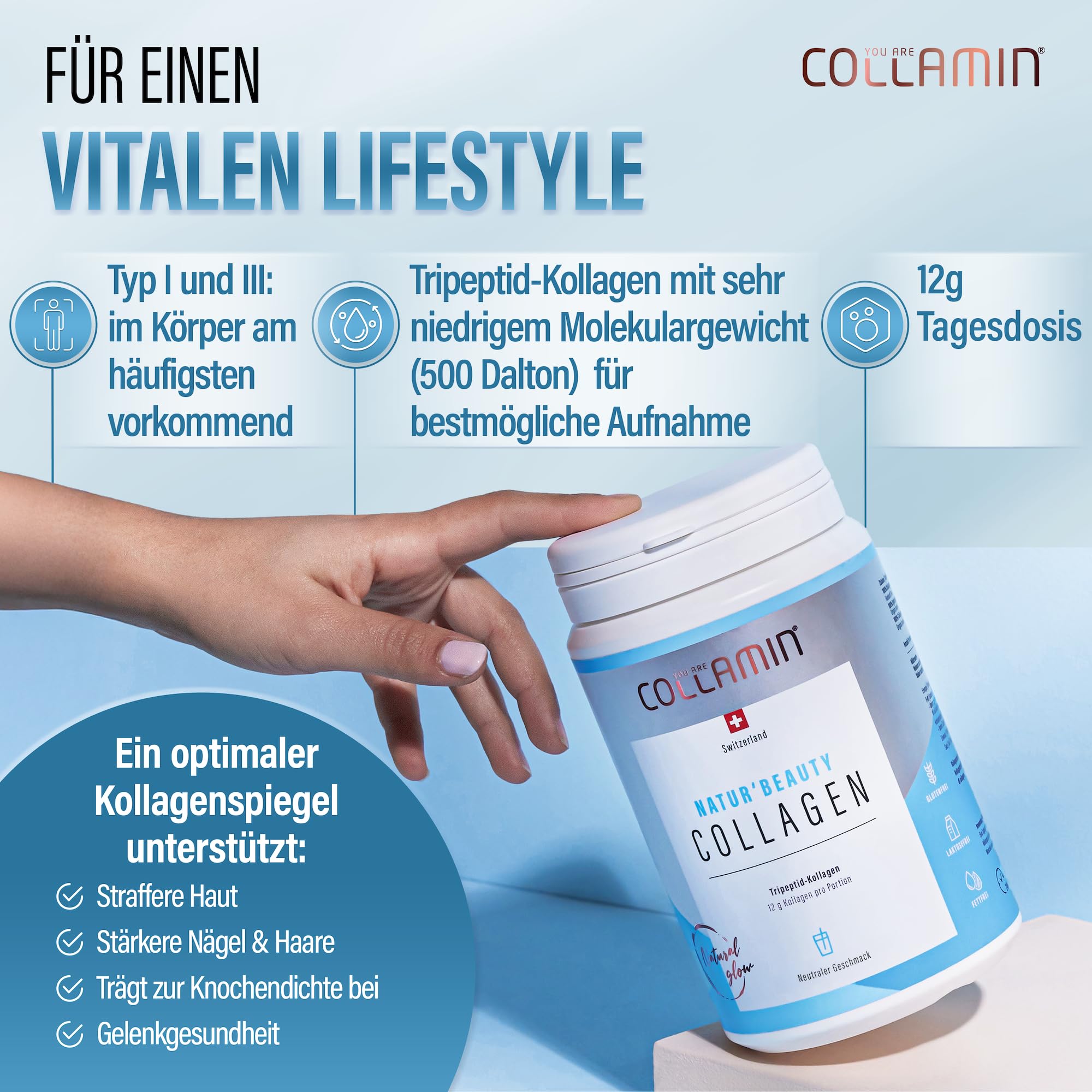 Natur'Beauty Collagen Pulver - 360g I Tripeptid-Kollagen Pulver - Made in Switzerland I 100% reines Kollagenhydrolysat (Rind) ohne Zusatzstoffe & Nachgeschmack I Kollagen Peptide