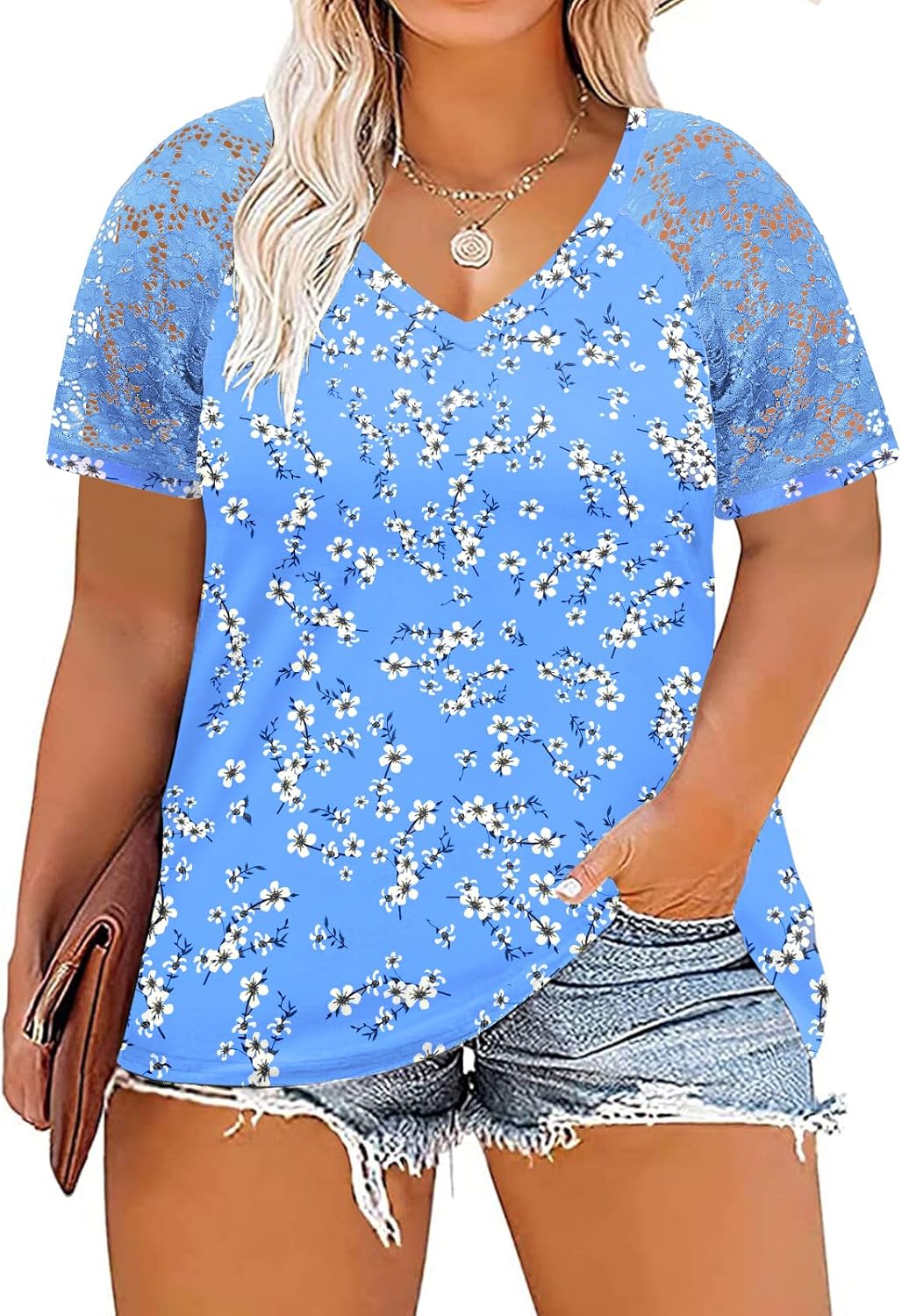 DOLNINE Plus-Size-Tops for Women Summer V Neck Casual Shirts Lace Short Sleeve Tees X-Large 01_yh004
