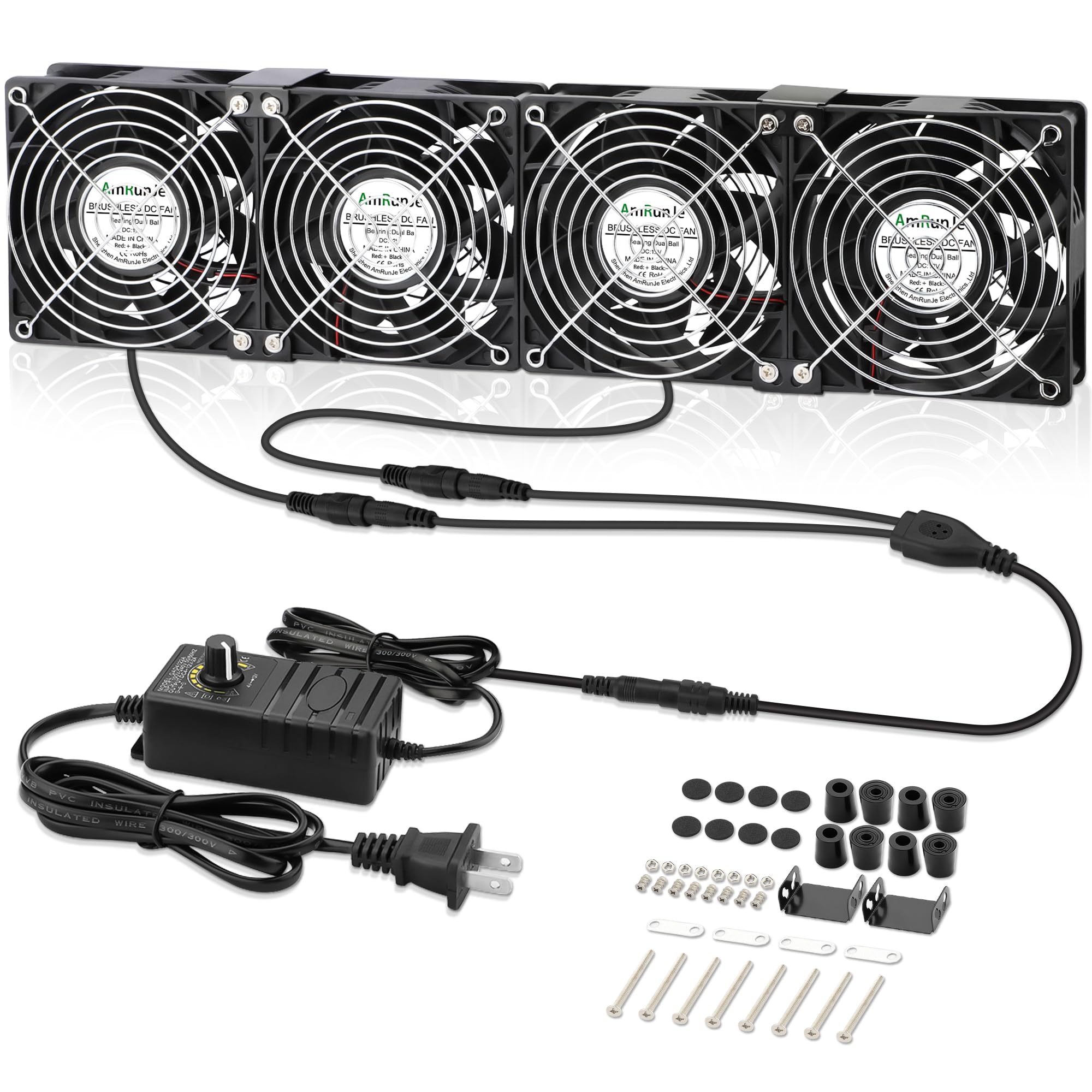 AmRunJe 4 x 120mm Server Rack Fan DC 12V with AC Speed Control 110V 220V 240V, CPU Cooler with Big Airflow for Garage Computer RV Refrigerator Xbox Electronics Cooling Exhaust