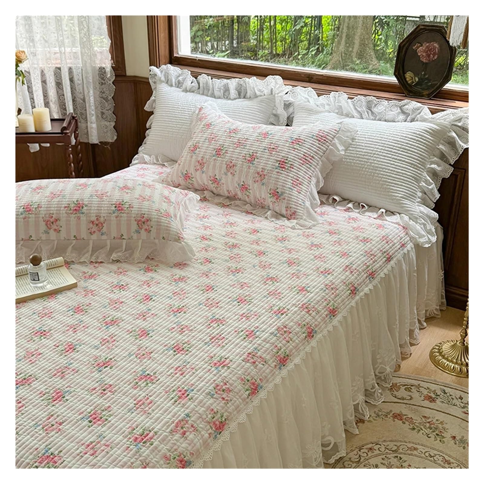 3Pcs Lace Ruffles Quilted Bed Skirt, Mattress Cover, Bedspread, Sheet, With Pillowcases, Suitable For 1.2M/1.5/1.8/2M(Color 04 34 * 27mm,180X200cm 3pcs)