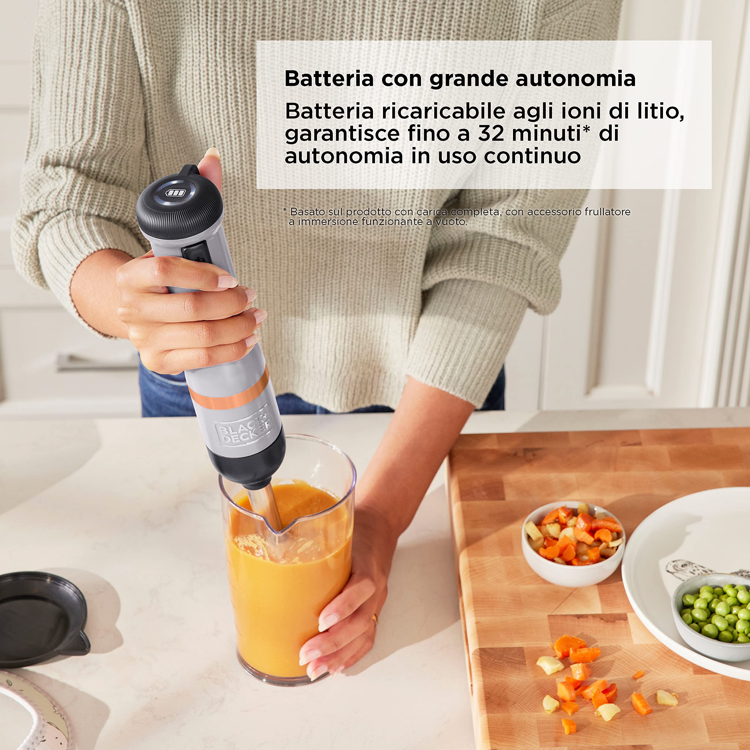 BLACK+DECKER, Kitchen Wand Frullatore a immersione Cordless Senza Filo Multifunzione con Asta Frullatore a 4 punte- Accessori Extra acquistabili separatamente. BCKM1011KGF-QW