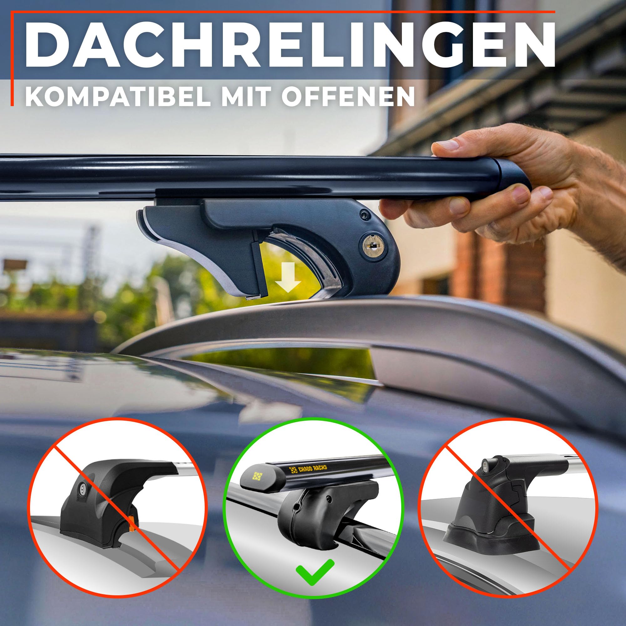Chaos Racks | Dachträger Universal Dachgepäckträger für Offene Dachreling | Sicherer Transport von Dachbox, Fahrradträger, Skihalter, Leiter | Leichte und Robuste Konstruktion aus Aluminium; 120 cm