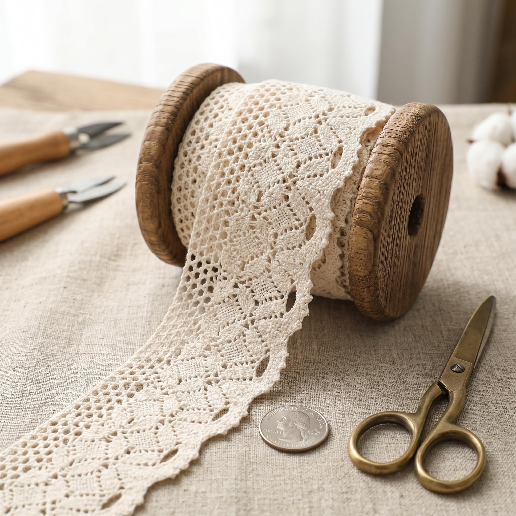 Ruban en dentelle beige 9m en coton pour scrapbooking et deco mariage