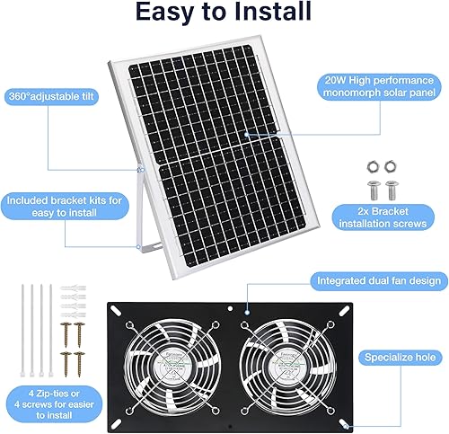 Miniatura 9 de Kit de ventilador alimentado por panel solar para invernadero, panel solar de 20 W + ventilador de escape doble de alta velocidad de 3500 RPM para