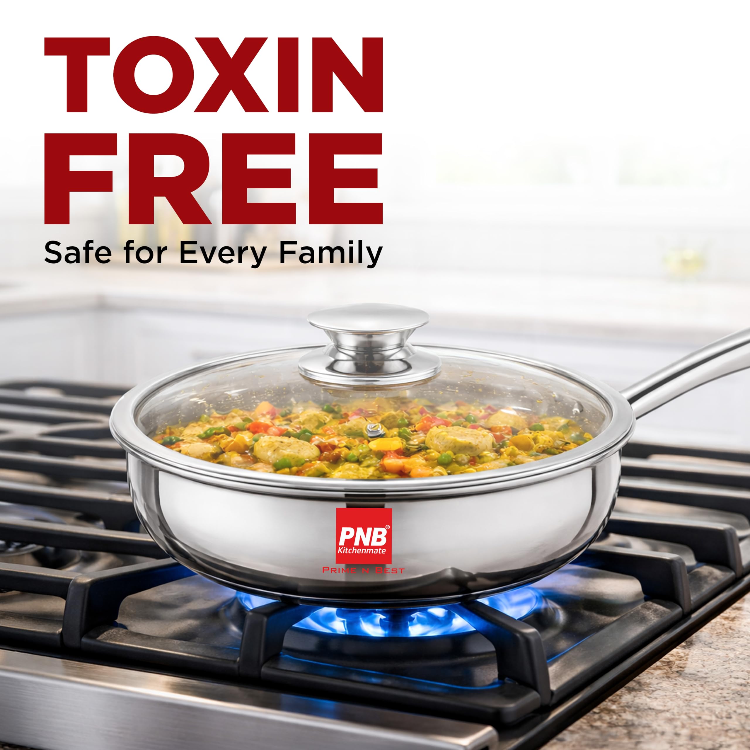 PNB Triply Stainless Steel Frypan with Tempered Glass Lid | 23 cm 2.5 Litre | 3-Ply Induction Gas Compatible | PFOA Free Healthy Cookware | 5 Year Warranty | Family Frying Pan for 3-4 Persons — Amazon image 4