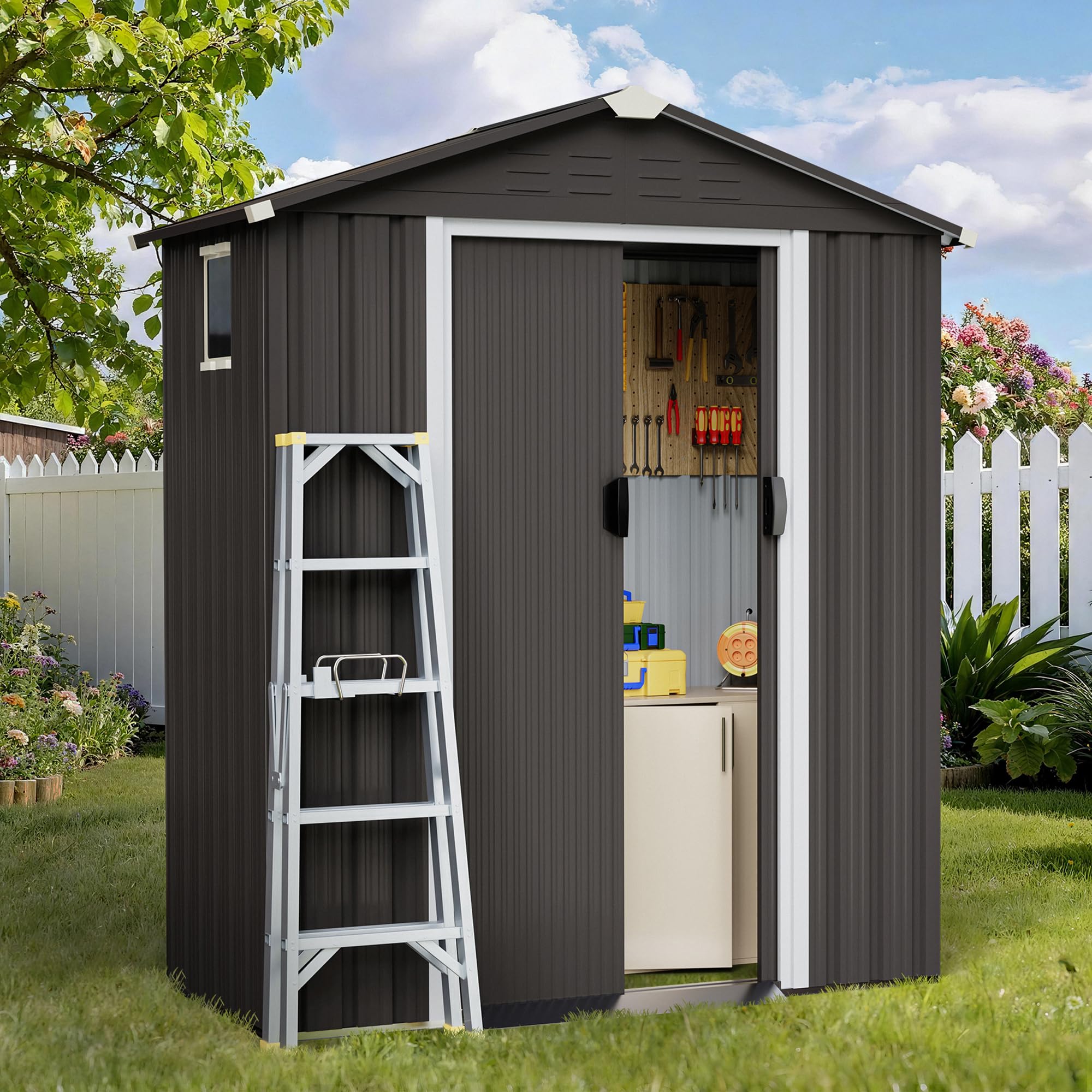 Shintenchi 5x3 FT Outdoor Storage Shed with Window, Lockable Outdoor Waterproof Tool Storage Sheds, Weather Resistant Tool Storage House Shed for Garden, Backyard, Patio Utility and Tool Storage, Gray