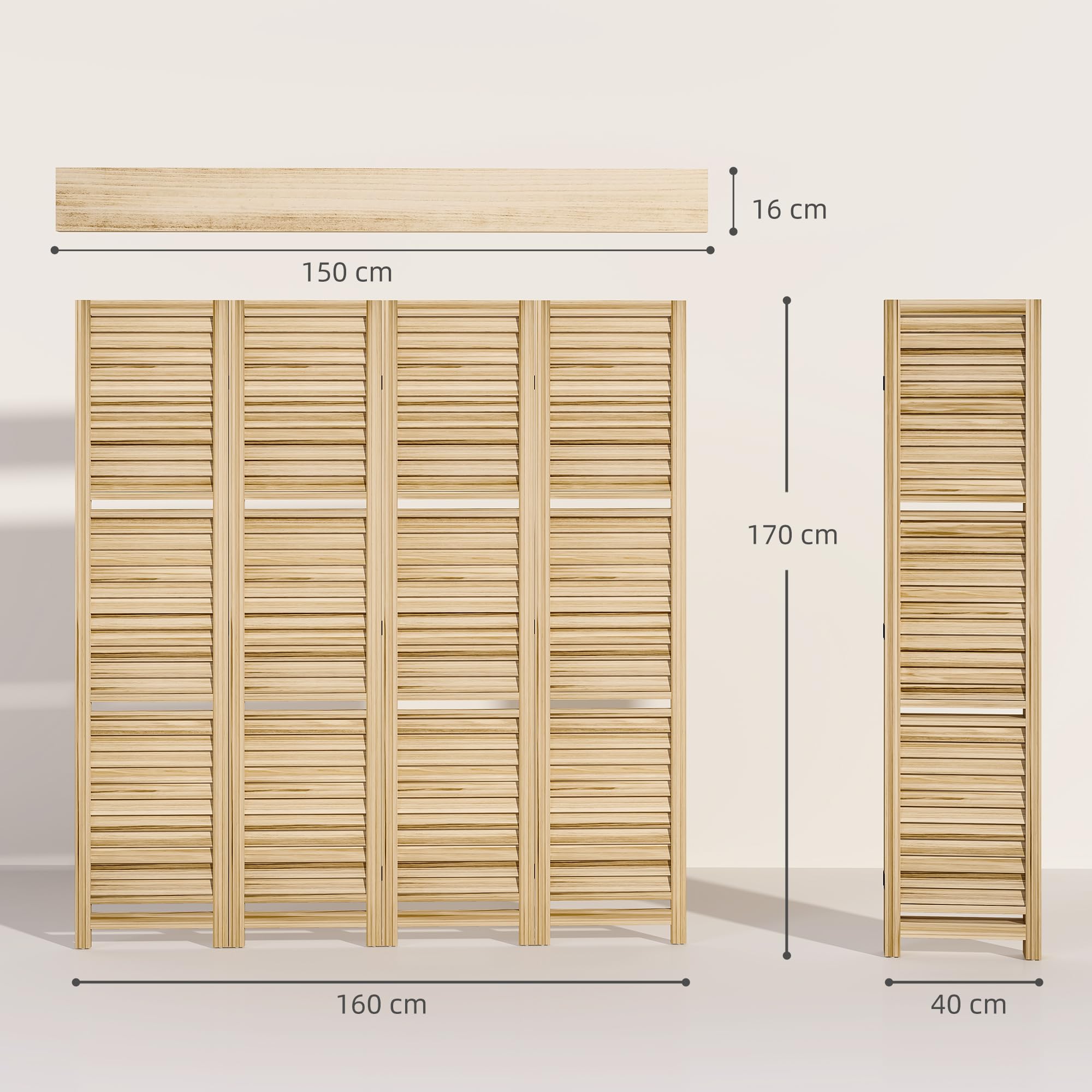 HOMCOM Paravent Intérieur en Bois 4 Panneaux 160 x 170 cm Bois Naturel | Séparateur de Pièce Pliable avec 3 Étagères, Cloison de Séparation, Salon, Chambre à Coucher, Maison