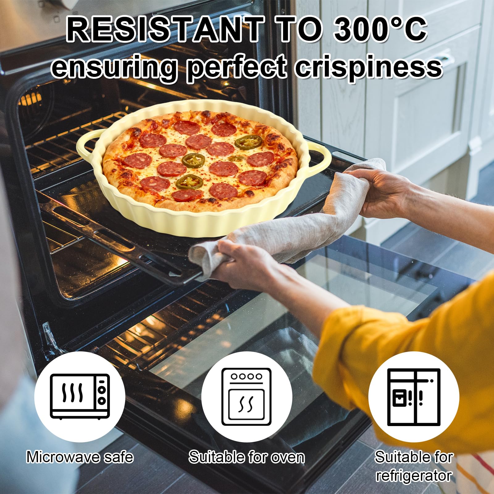 FARYODI Molde de cerámica profundo para tartas, 21 x 4,2 cm, redondo, con asas, para tartas de quiche, revestimiento antiadherente, apto para microondas, lavavajillas y horno (beige)
