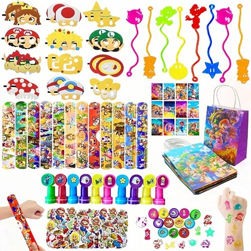 110 piezas de recuerdos de fiesta de Mario, suministros de fiesta de Mario para contener bolsa de regalo, sellos temáticos, manos adhesivas, máscara