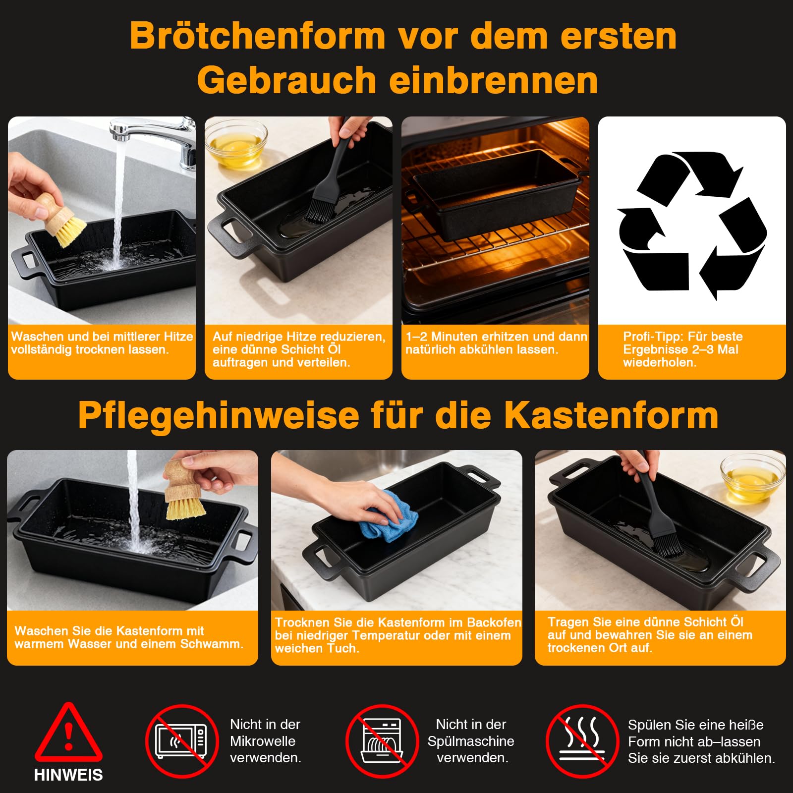 Brotbackform mit Deckel, Gusseisen Topf Brot Backen, 2-in-1 Brotbacktopf für selbstgebackenes Sandwichbrot, Bananenbrot, Kuchen, Hackbraten, Schwarz