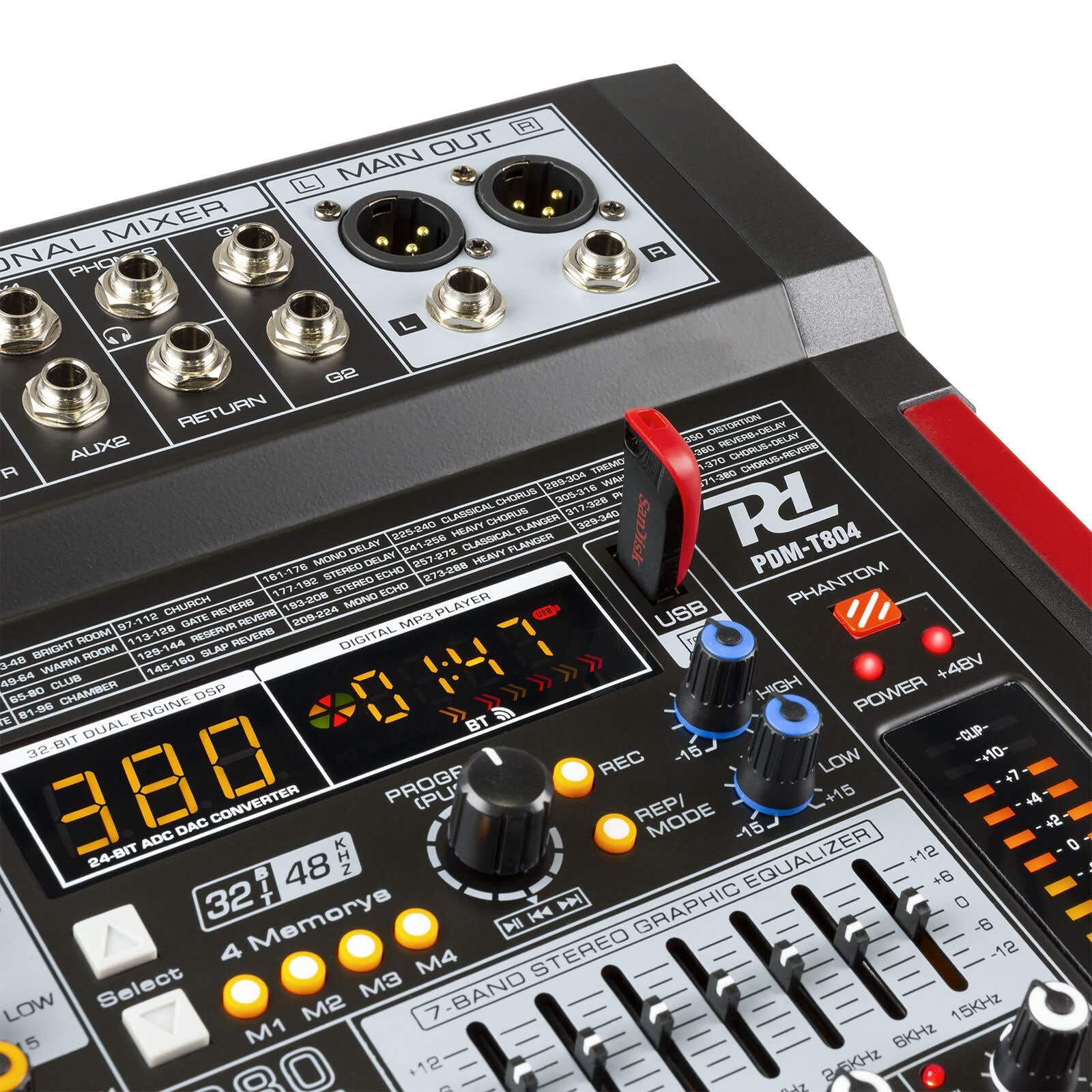 Power Dynamics PDM-T804 Console de Mixage 8 Canaux - avec Streaming Bluetooth, Egaliseur Graphique 7 Bandes, MP3, Sortie USB, Sortie Casque Jack 6,35mm, Idéal pour Studio d'Enregistrement