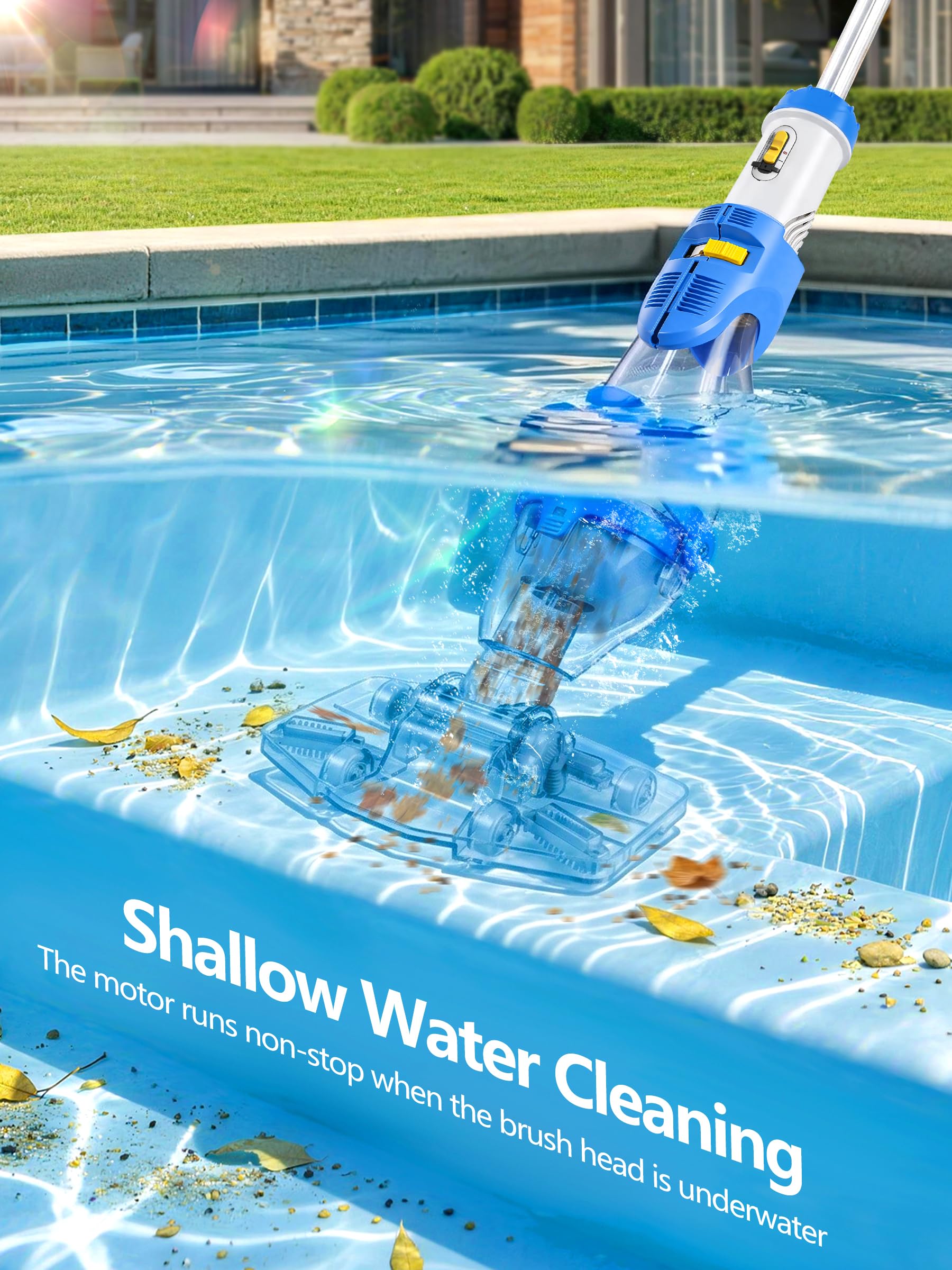 LanOcean Aspirador Piscina Bateria, 2 Modos Aspiradora Piscinas Fondos Caudal Hasta 4300 L/H, Aspiradora para Piscina Inalambrico con Varilla Telescópica, Autonomía de 70 min Limpia Fondos de Piscinas