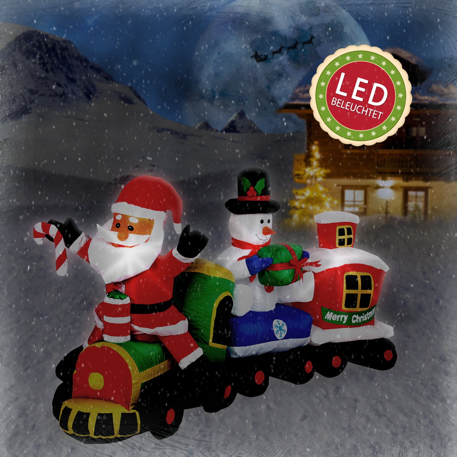 Pridea aufblasbare Weihnachtsdeko XXL Weihnachtszug Weihnachtsmann Schneemann Weihnachtshütte Geschenke Zuckerstangen Witterungsbeständig IP44 Deko Garten Outdoor Weihnachten mit Gebläse
