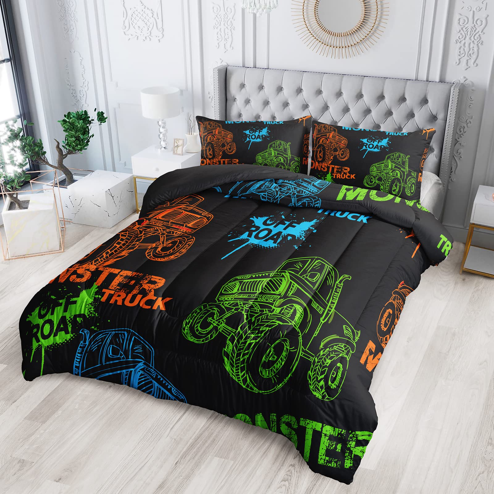QOOMO Truck Comforter Twin Size,Black Truck Kids Comforter Set,Cars 3Pcs Bedding Set Printed Comforter with 2 Pillowcases,Down Alternative,Soft and Lightweight,for All Seasons