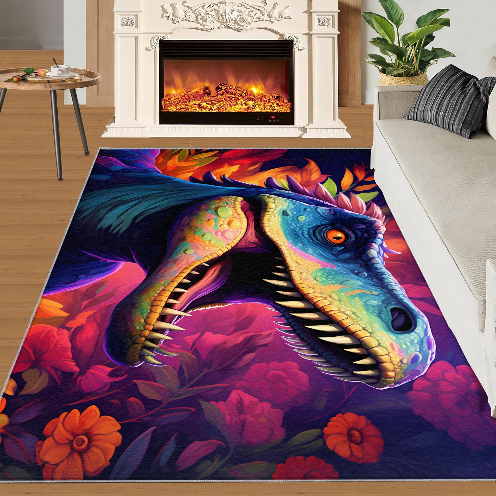 SANSJI Dinosaur Rugs for Bedroom - 160 x 230, Purple Black Dino Area Rug, Stain Resistant Washable Non Slip, Beautiful Animals Theme, Dinosaur Floral Design, Soft Low Pile Rectangle Carpet