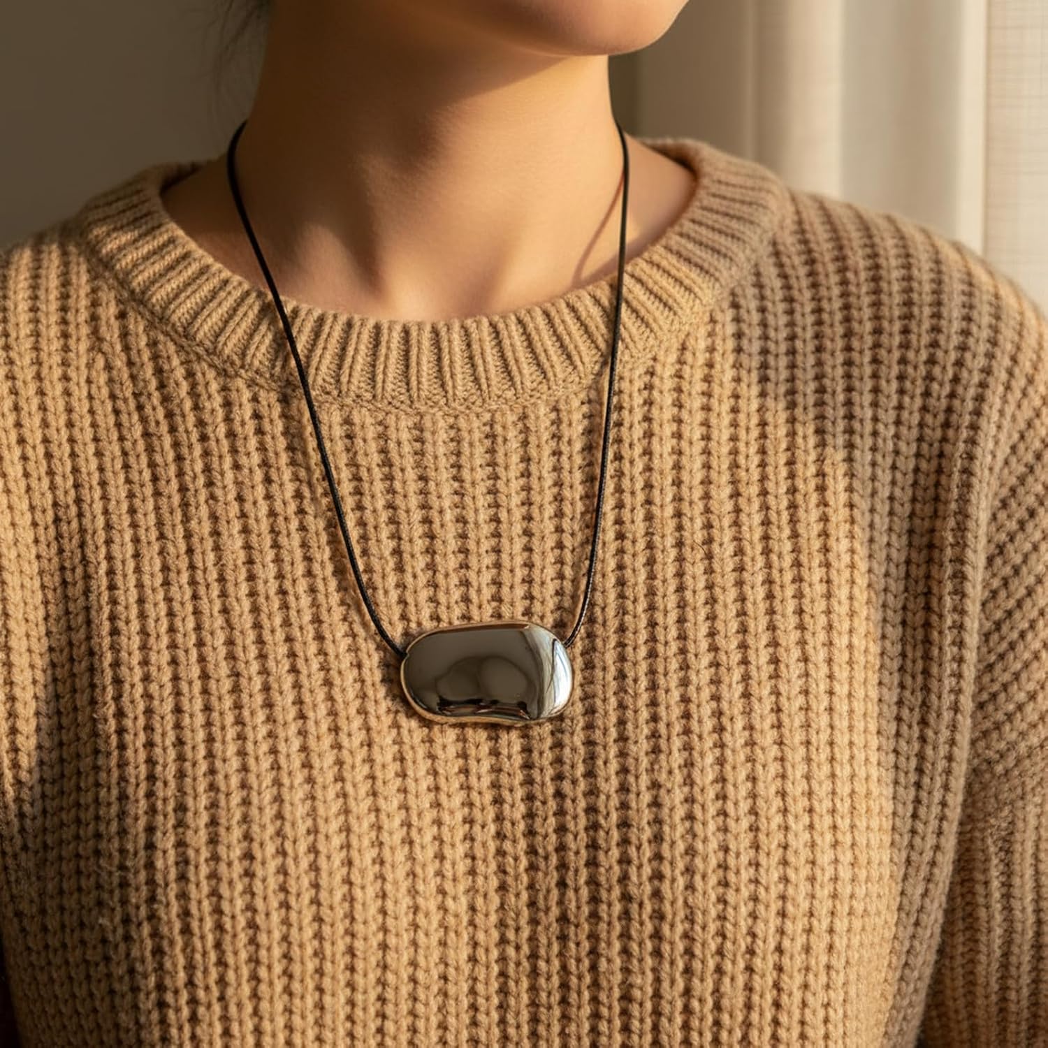 Chunky Gold Necklace for Women Minimalist Pebble Pendant on Adjustable Black Cord Waterproof Gold Plated Statement Jewelry - Image 3