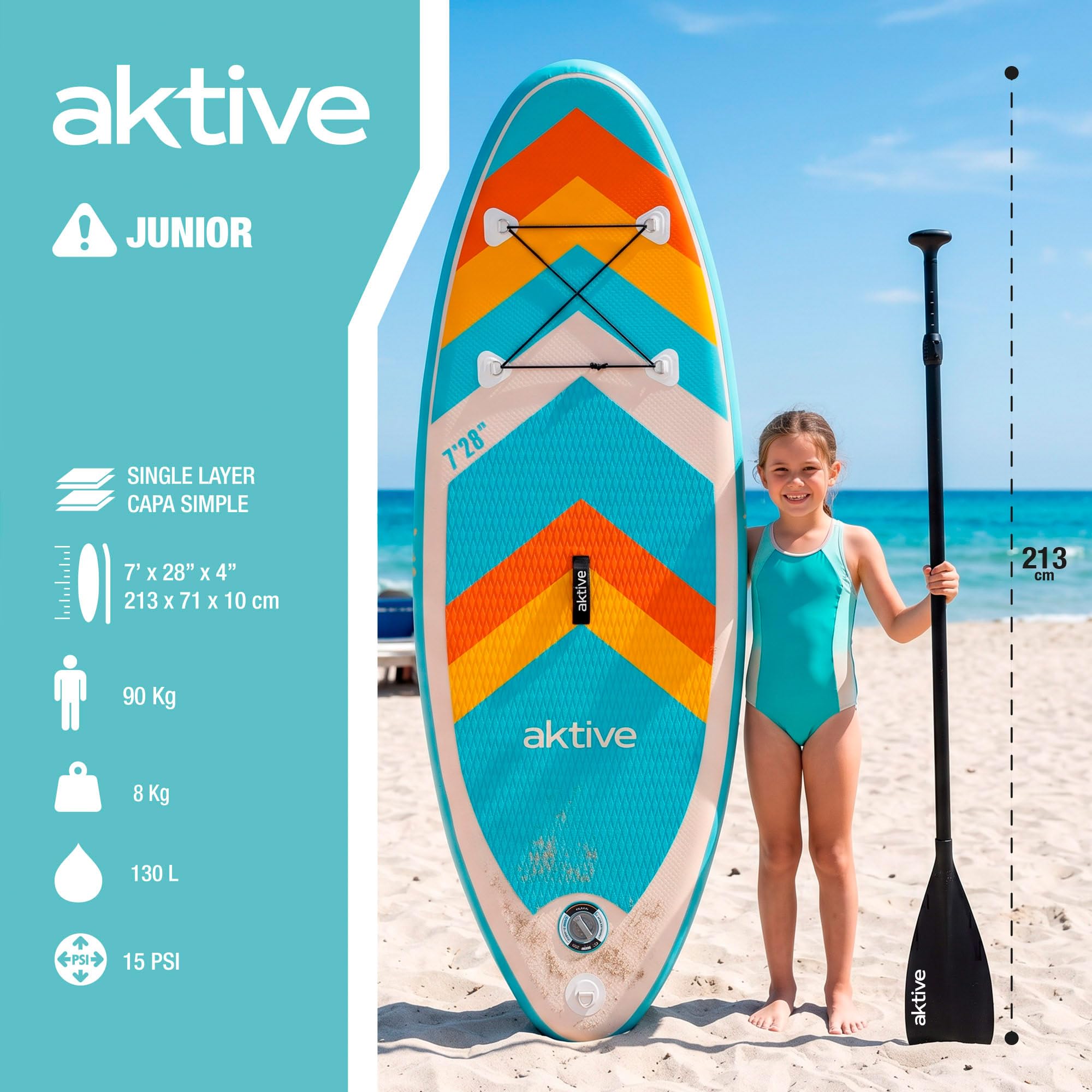 AKTIVE Tabla Paddle Surf Hinchable, Junior, 213x71x10 cm, Soporta 90 kg, Hinchador con manómetro, Remo Ajustable, Kit reparación, Mochila Transporte, Accesorios Playa (54370)