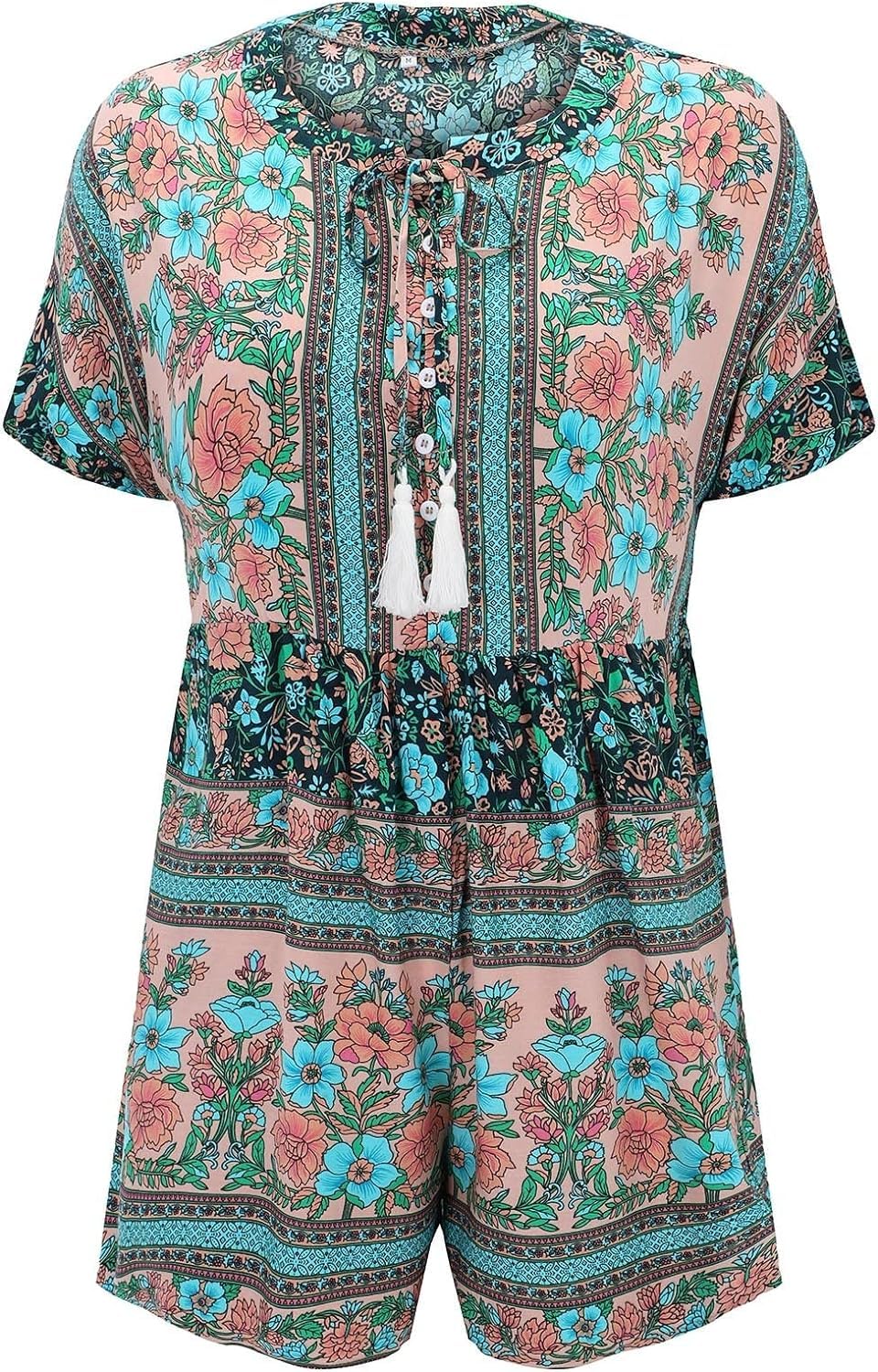 Amaonz Womens Boho Floral Print Short Jumpsuits Crew Neck Button up Drawstring Rompers Retro Beach Harem Short Overalls