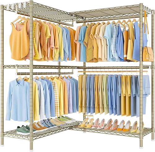 Miniatura 17 de E15 - Perchero en forma de L para esquina, perchero independiente para colgar ropa, organizador de armario resistente con 4 varillas para colgar y 8