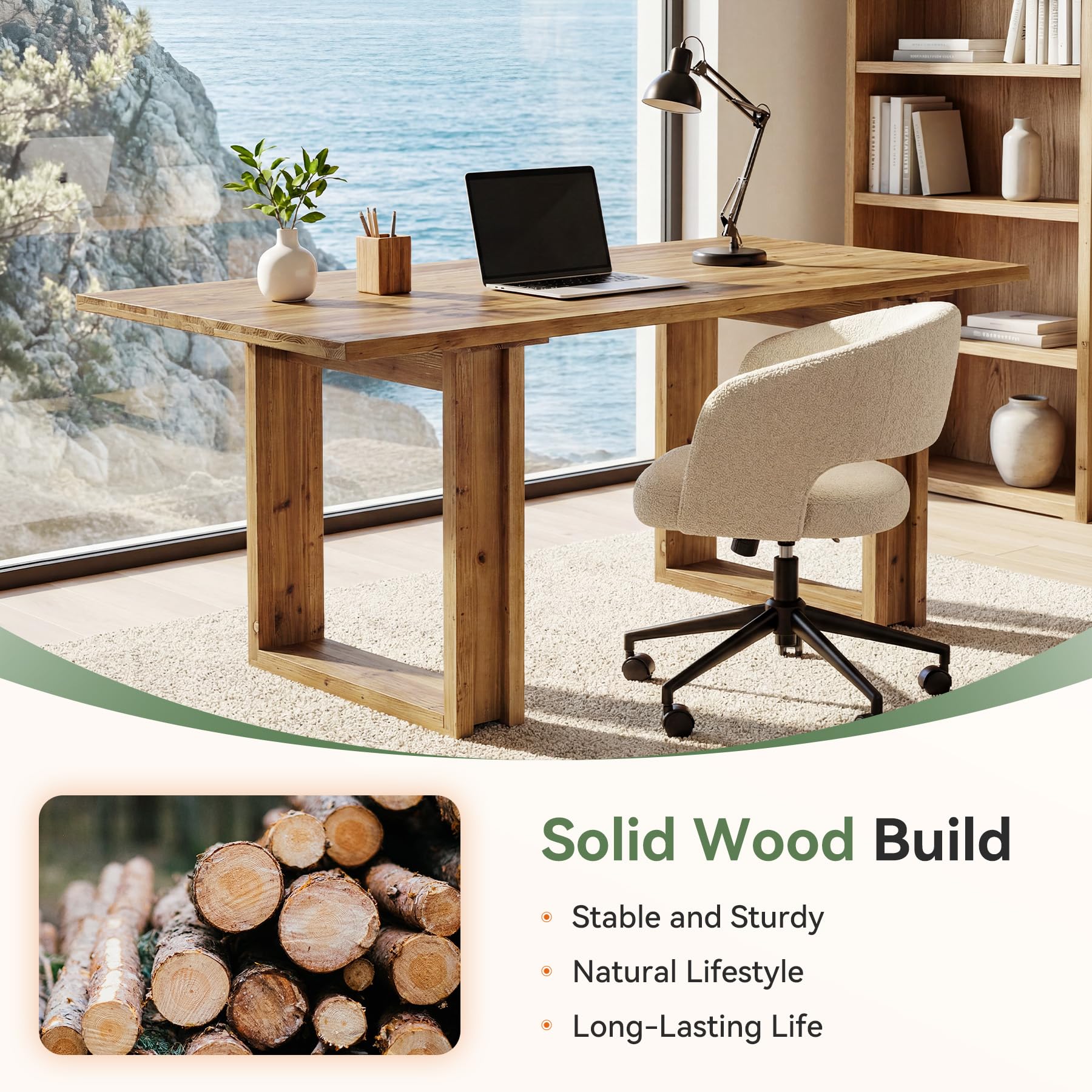 Escritorio de Madera Maciza, 160 x 80 x 76 cm, Mesa de Oficina Grande, Escritorio para Ordenador, Mesa de Escritorio para Home Office, Mesa de PC Estable, Estilo Rústico para Despacho, Estudio y Salón