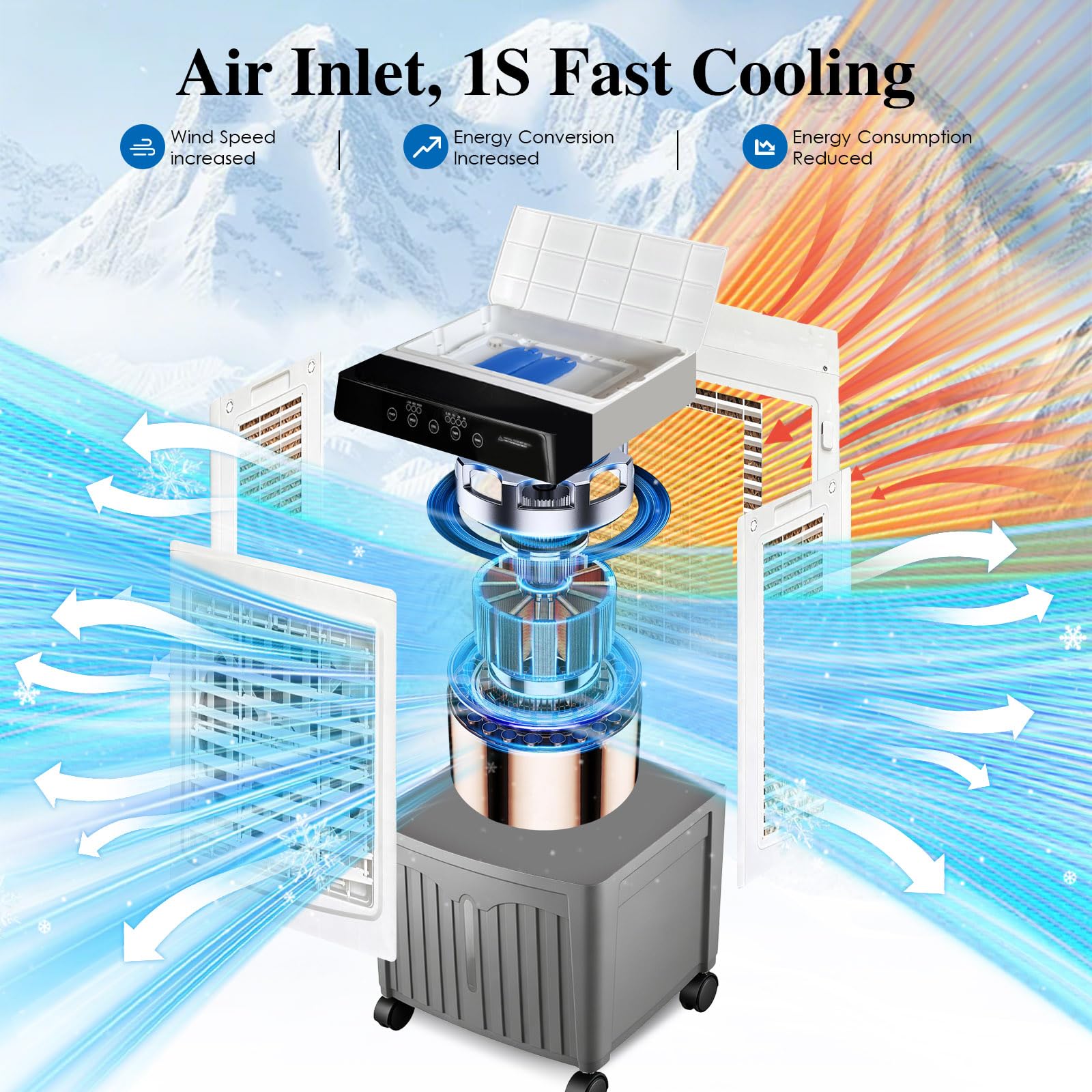 Raffrescatore Evaporativo Industriale 40L, Rinfrescatore d'Aria Professionale 100W, Portata 3000m³/h con 3 Filtri a Nido d'Ape, Timer 7.5H, Telecomando, per Grandi Ambienti, Garage