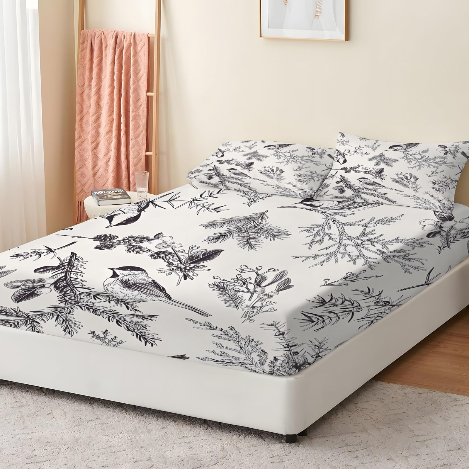 Sabana Bajera 135x190 ConíFera Sabanas Bajeras Estampadas PáJaros Sábana Bajera Ajustable Suaves, Elastico Funda Colchon con 2 Funda Almohada 50x80 cm, para Colchón de 30cm de Altura