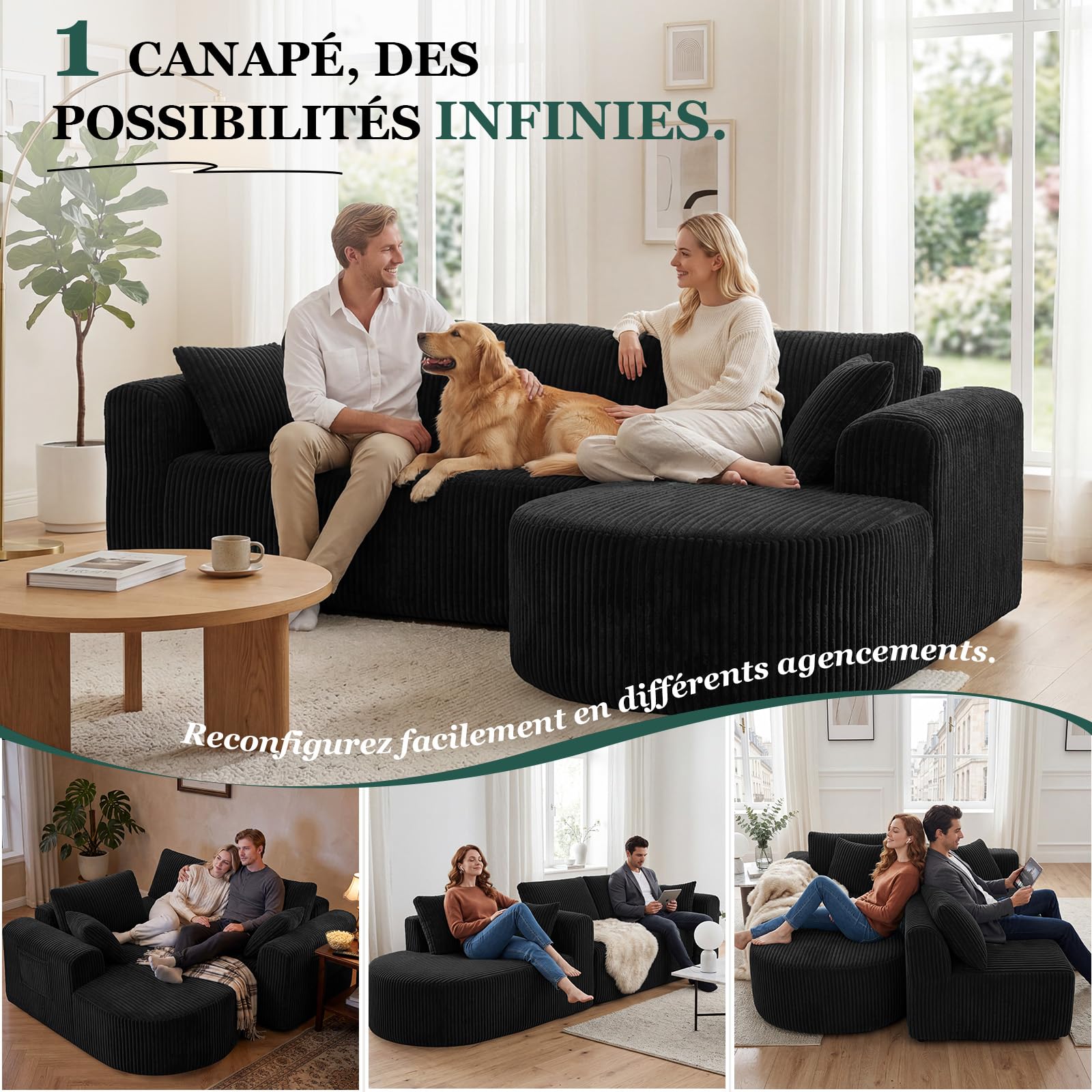 COMHOMA Canapé d'angle modulaire en velours côtelé de 243 cm avec méridienne, canapé-lit en forme de L, canapés sectionnels avec coussins et poches latérales, canapé pour salon, sans montage, noir