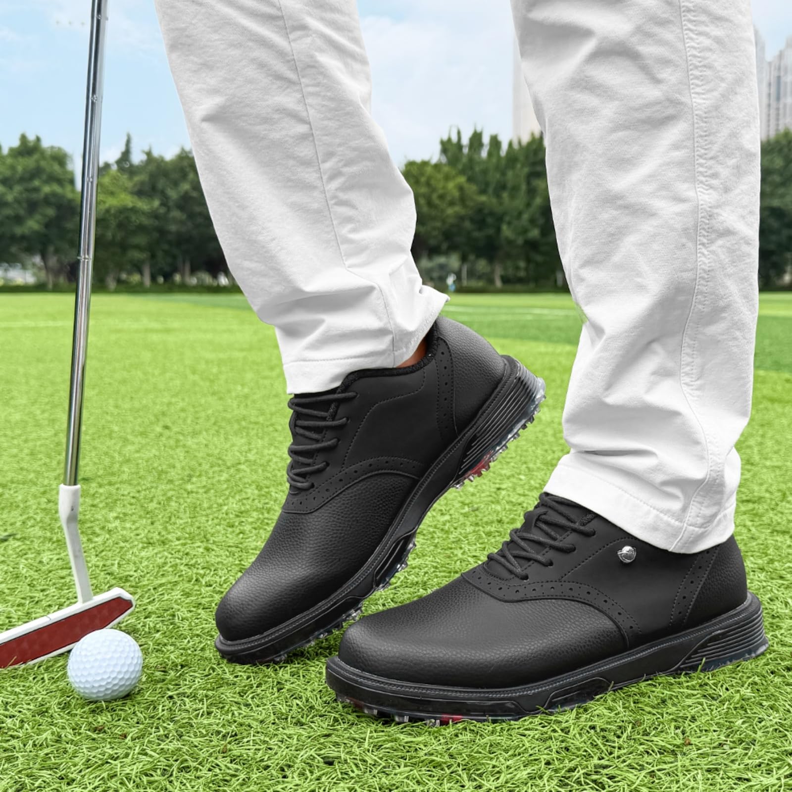 Męskie buty golfowe bez kolców skórzane trampki wodoodporne wygodne antypoślizgowe do gry na polu golfowym na świeżym powietrzu
