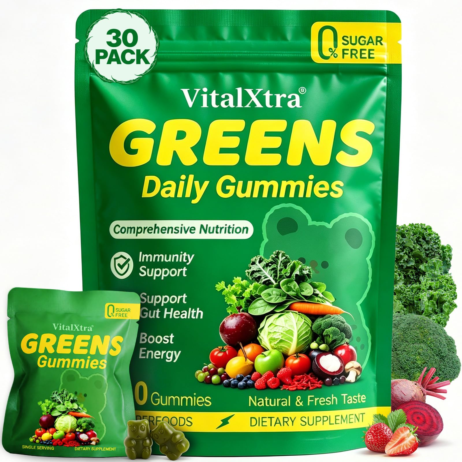 VitalXtra Gomas de Spirulina, Clorella e Vitaminas para Adultos, 240 gomas
