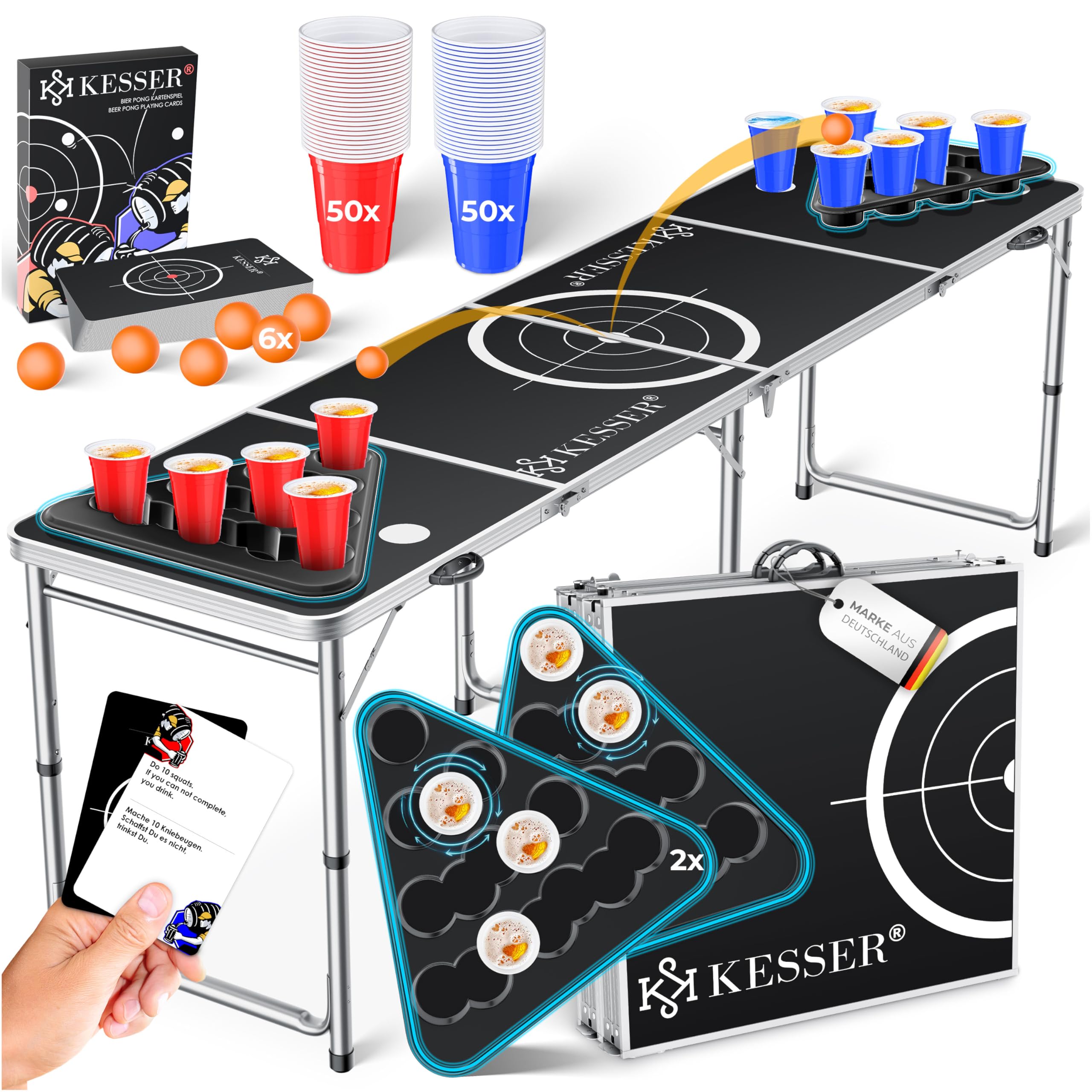 Mesa De Beer Pong Plegable - Incluye 100 Vasos Y 6 Bolas, Altura Regulable