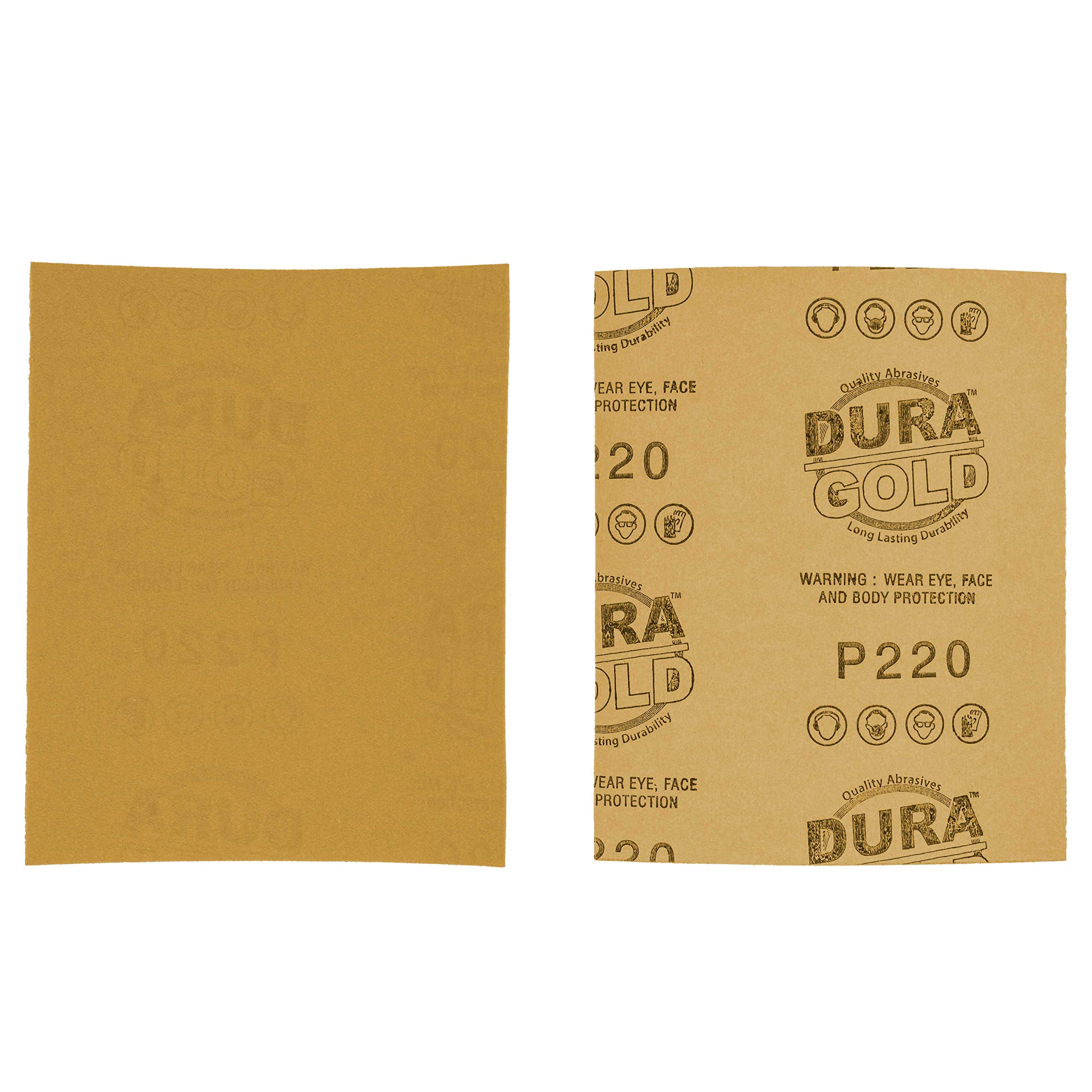 Dura-Gold Premium - Papel de lija de grano 220 dorado - 1/4 hoja de papel de lija plano 5.5" x 4.5" - Para lijadoras de palma automotriz y carpintería - Caja de 400