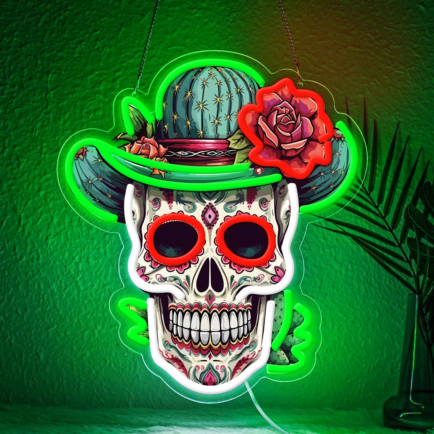 Lxmoneon Day of the Dead Neon Sign, Mexican Sugar Skull LED Neon Light, UV Printed Art Neon Wall Light, USB Powered Skull Neon Sign for Home Bar Game Room Halloween Party Decoration (green) — image 1