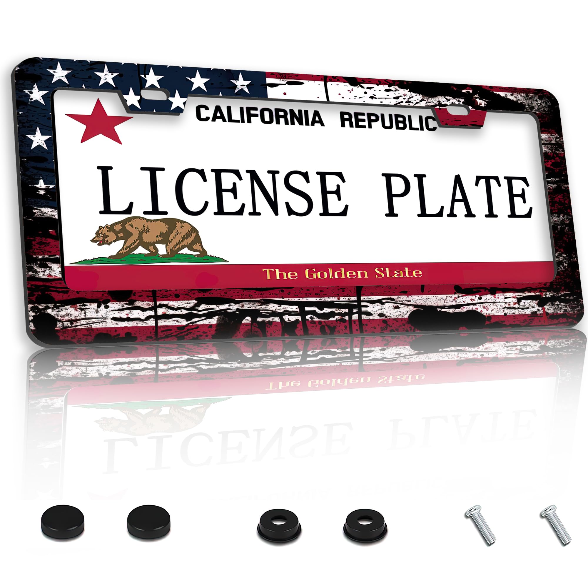 Patriotic License Plate Frame,Retro American Flag License Plate Frames Decorative Aluminum Car Tag Frames Stainless License Plate Holder for Women Men Auto Accessories 2 Holes US Standard 12''x6''