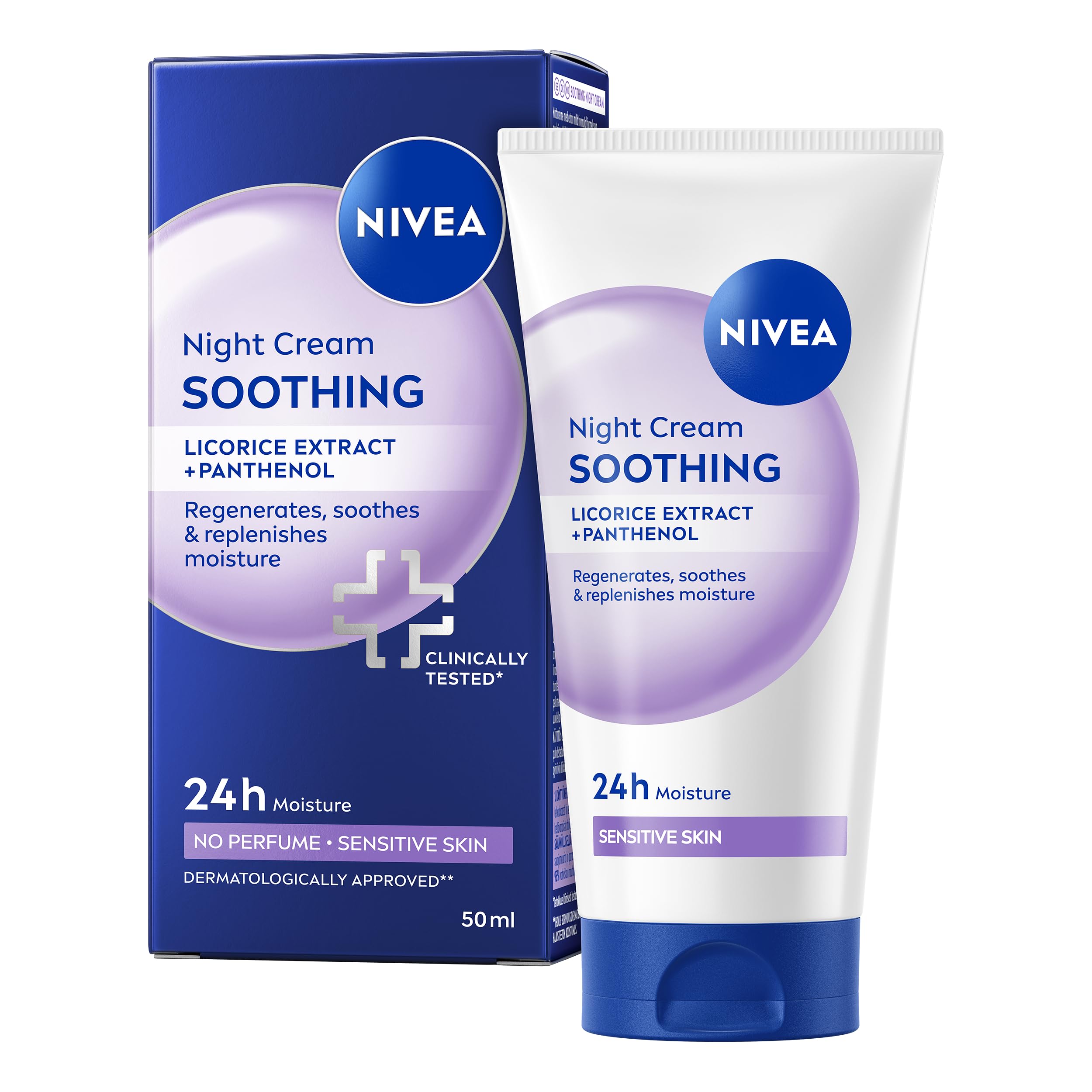 NIVEA Soothing Night Cream with Panthenol (50 ml), Face Cream for Sensitive Skin with Liquorice Extract and Panthenol, Regenerating Overnight Moisturiser