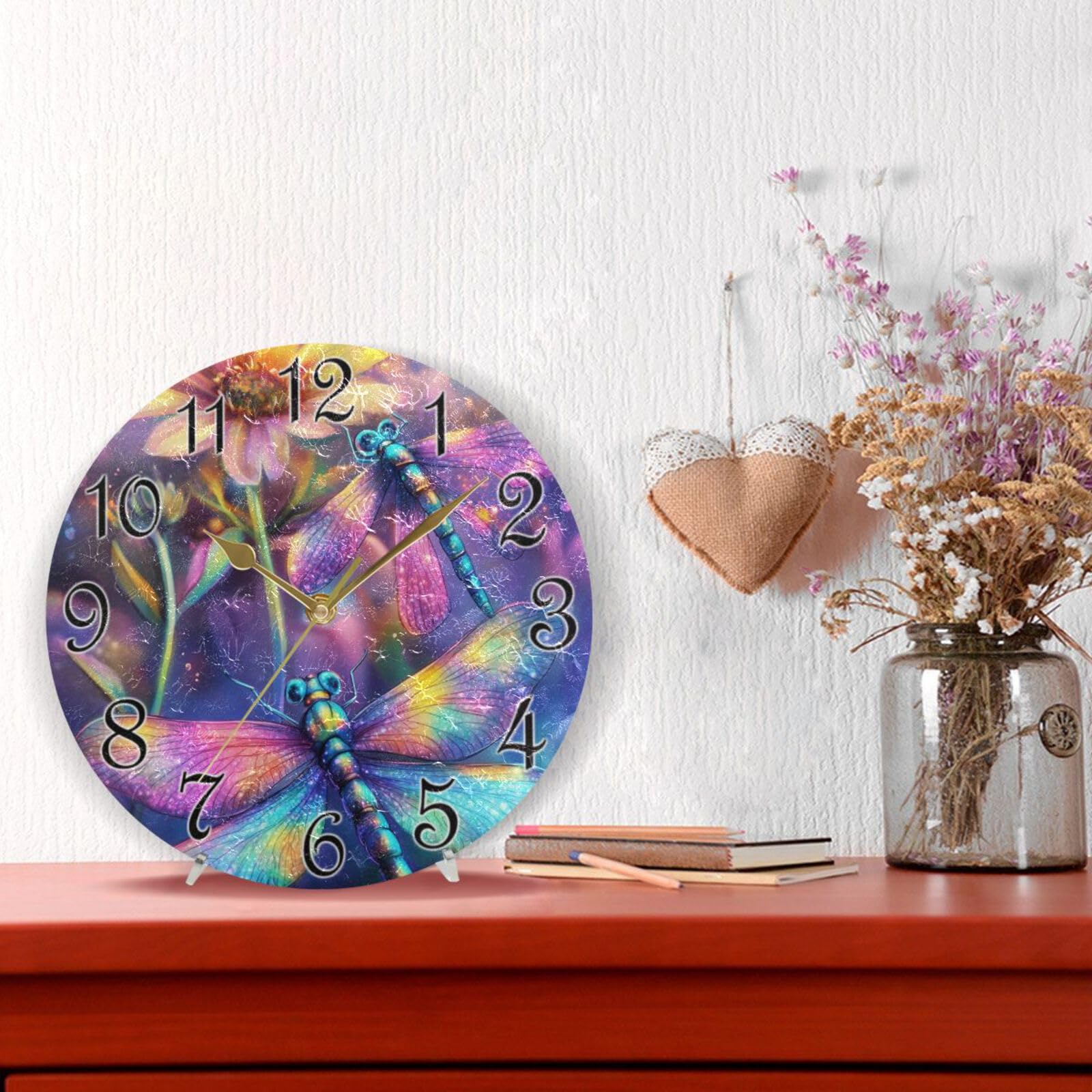 susiyo Reloj de pared redondo y silencioso con diseño de libélula y flores pastel, funciona con pilas, no hace tictac, creativo reloj decorativo para niños, sala de estar, dormitorio, oficina, cocina