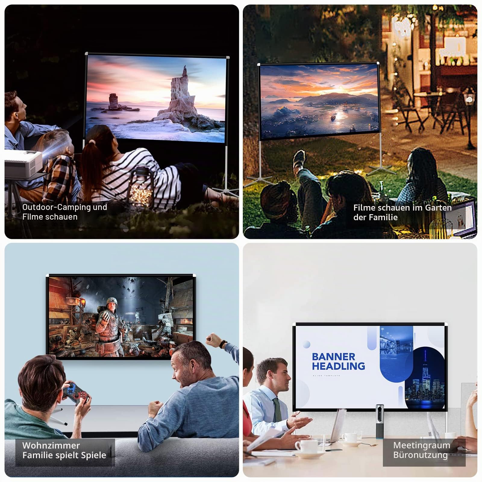 Tragbare Projektor-Leinwand, 152,4 cm, Filmprojektionsleinwand, Innenprojektor-Leinwand und Ständer, 16:9 Projektor-Leinwand, 4K HD, faltenfrei, leicht