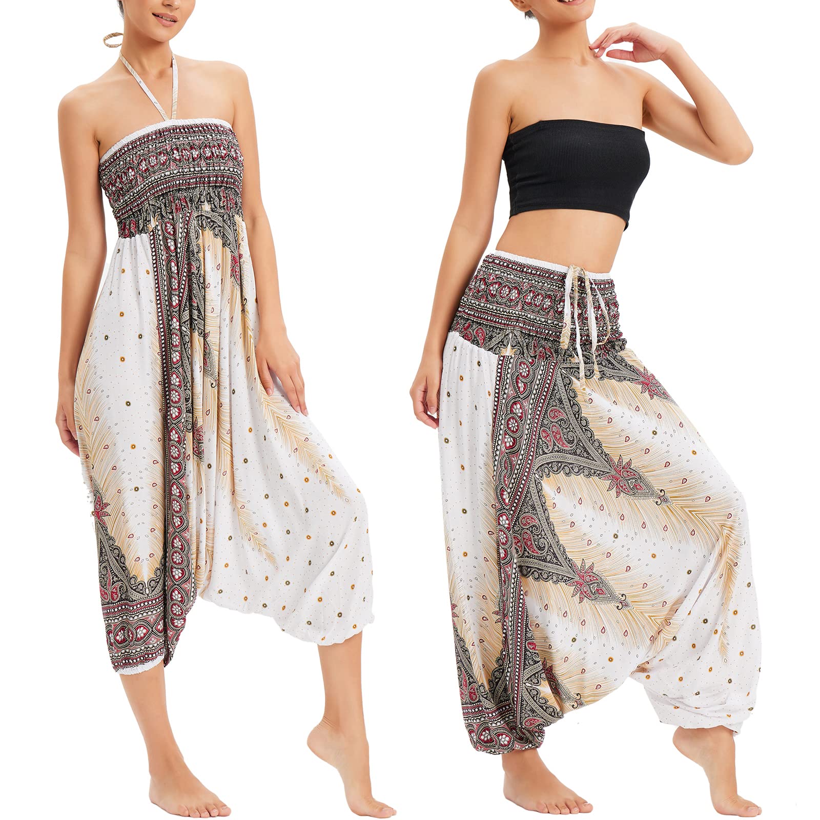 Mujer Thai Harem Pantalones Jumpsuit Hippie Boho Estampados Baggy Monos Pantalón Cintura Alta Indios Tallas Grandes Yoga Pants Pijama Verano Playa