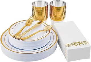 210PCS Disposable Dinnerware Set 30 Guest,Gold Party Supplies,30 Gold Rim Plastic Plates-30 Gold Plastic Silverware-30 Plastic Cups-30 Linen Like Paper Napkins for Graduation, Cocktail Party-Gold