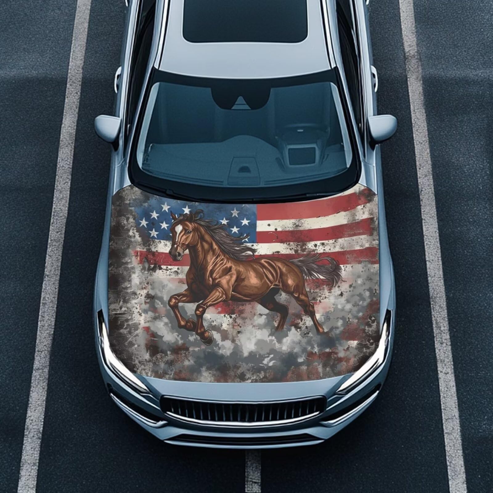 Automotive Vehicle Hood Cover Flag Elastic Washable Horse and American Flag Print Vehicle Front Engine Hood Cover Wrap Car Accessories Compatible with Sedan SUV Trucks