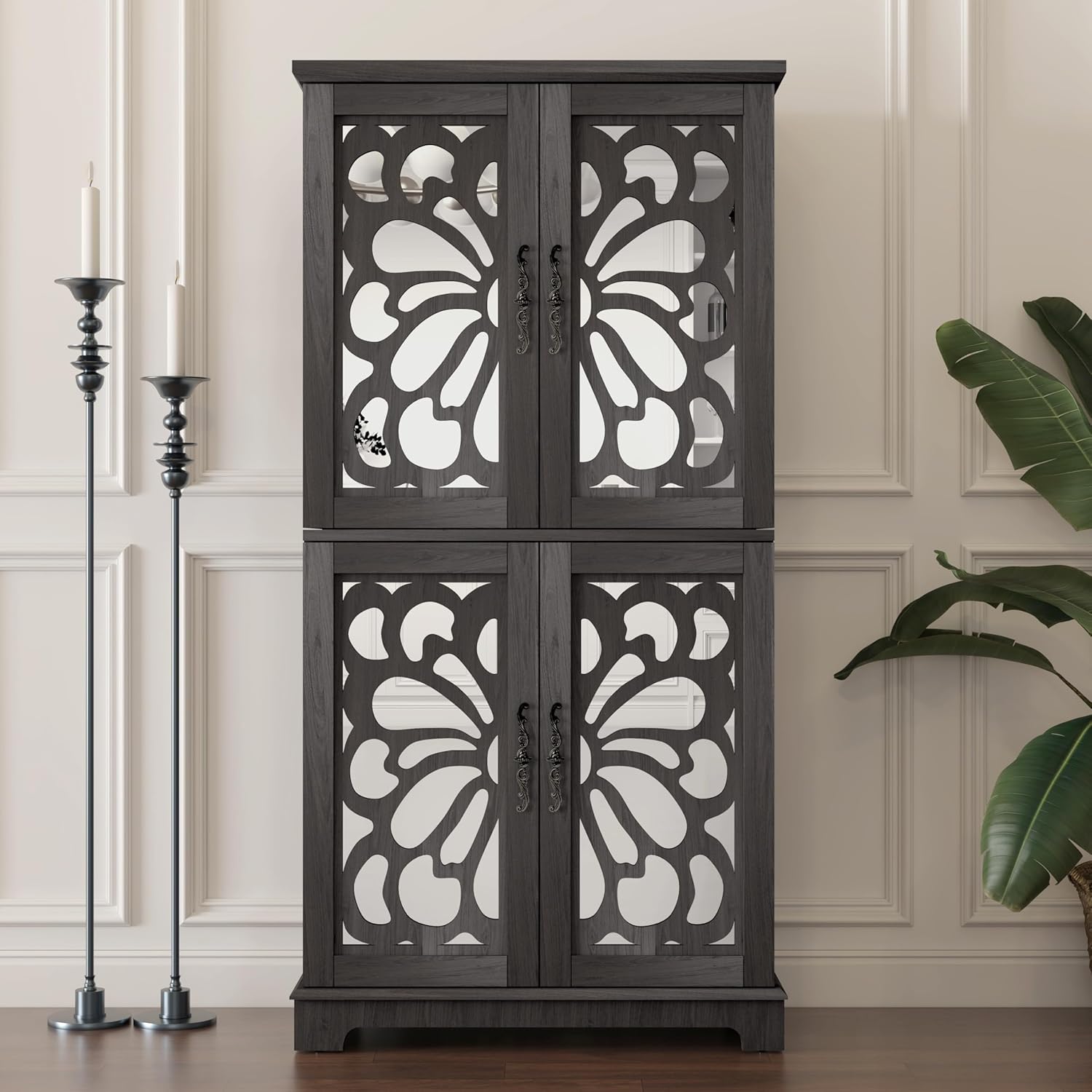 Decorative Storage Cabinet, 67.4" Tall Engineered Wood Bookcase with Butterfly Pattern Doors, Light Gray Display Cabinet with Adjustable Shelves for Living Room, Entryway (Dark Brown)