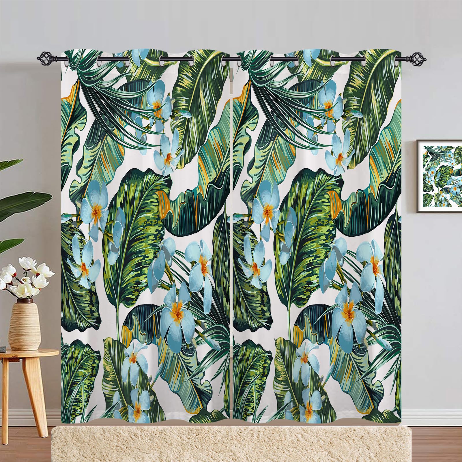 ANHOPE Tropical Leaf Curtains Eyelet Soft Thermal Insulated Blackout Curtains Jungle Palm Leaf Botanical Flower Print Pattern Ring Top Window Drapes for Bedroom Living Room 46 x 84 Inch Drop 2 Panels