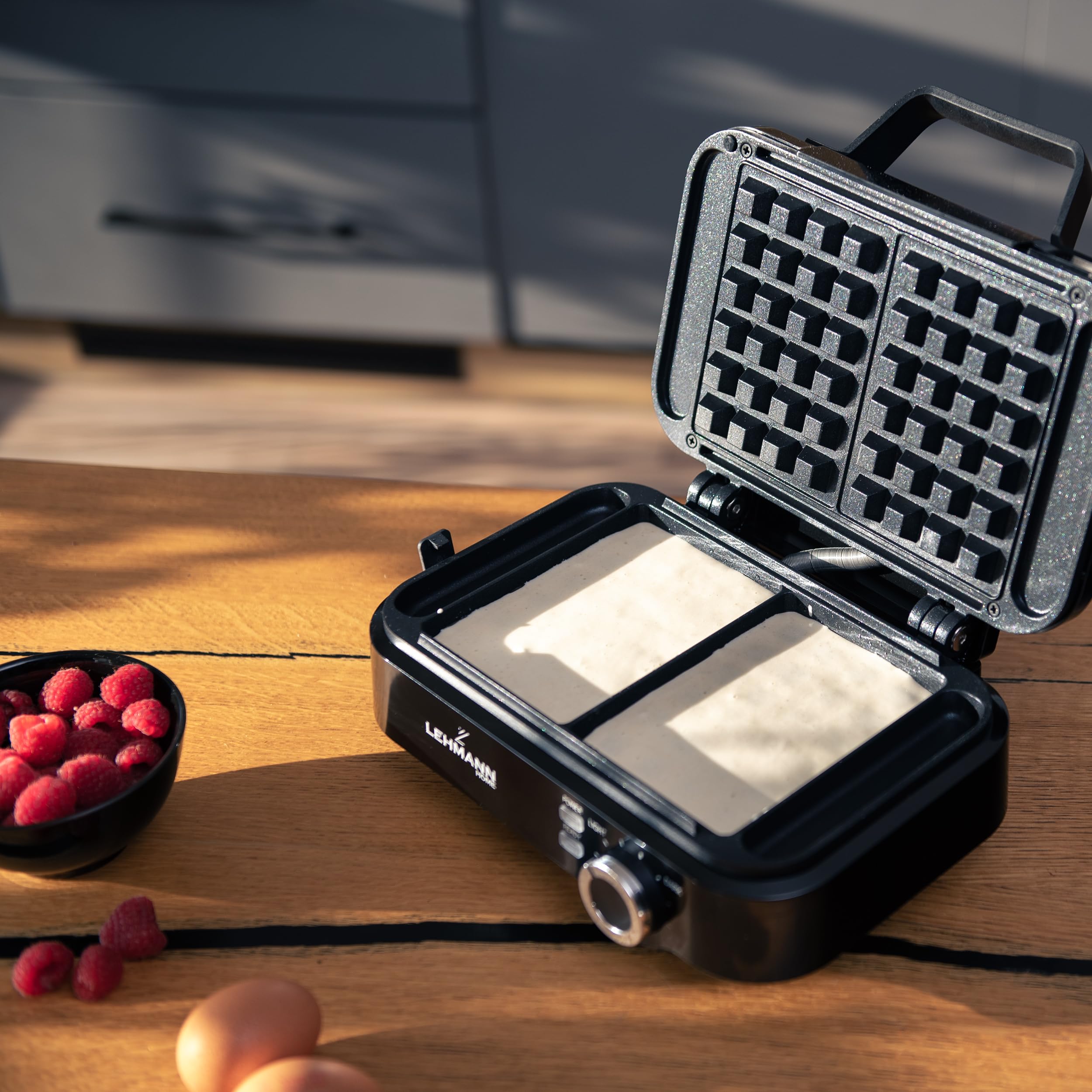 LEHMANN LHOWM-1226 Gofrera Doble Eléctrica 1200W, Maquina de Waffles para 2 Gofres Belgas, Revestimiento Antiadherente, Ajuste de Temperatura hasta 240°C, Limpieza Rápida y Sencilla